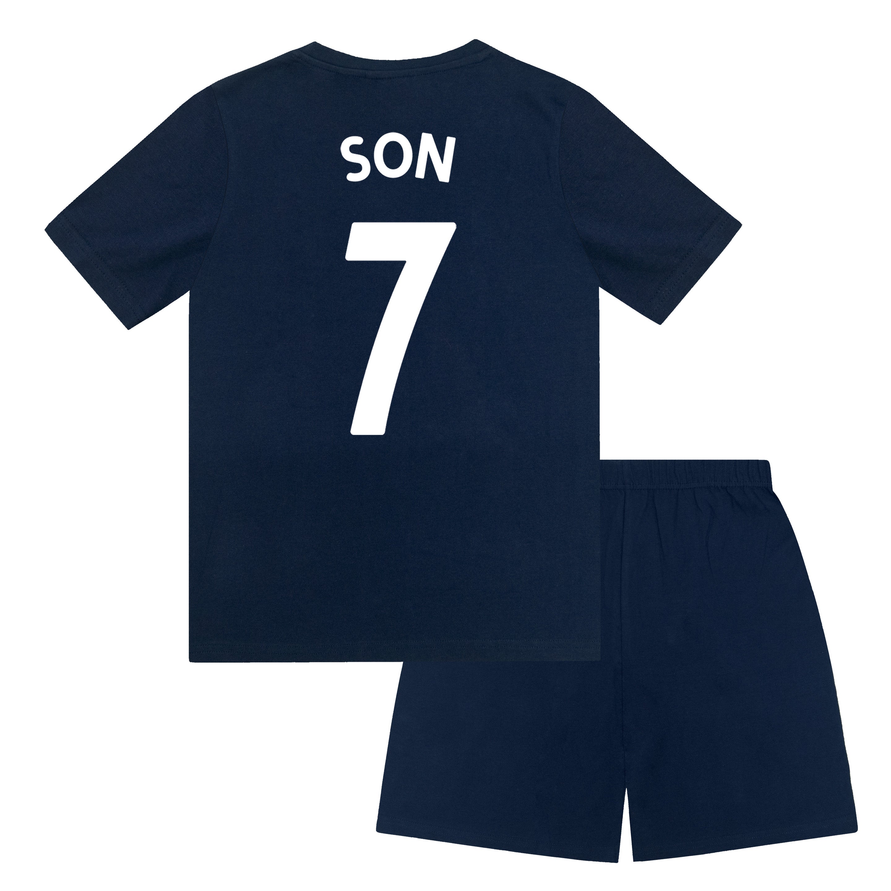 Spurs kids short pyjamas in navy blue. Short sleeve top with graphic and shorts with crest to the left leg