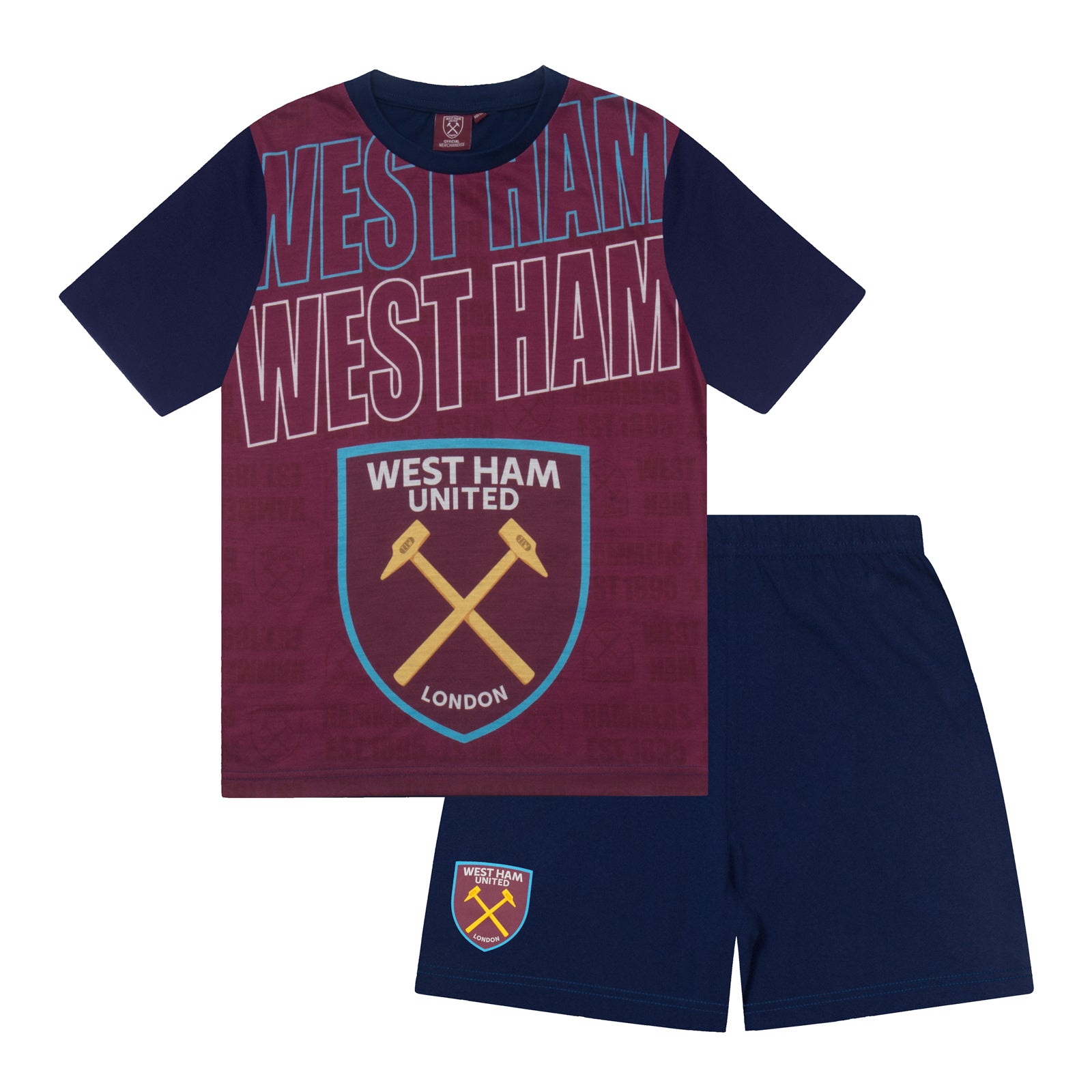 West Ham adults short pyjama set in claret with a short sleeve t-shirt & graphic. Shorts with logo to the left leg.