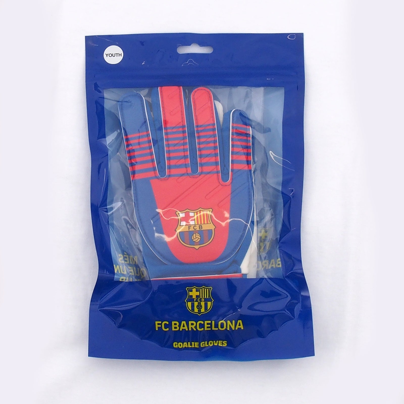 FC Barcalona blue goalkeeper gloves with FCB crest & text print to each glove