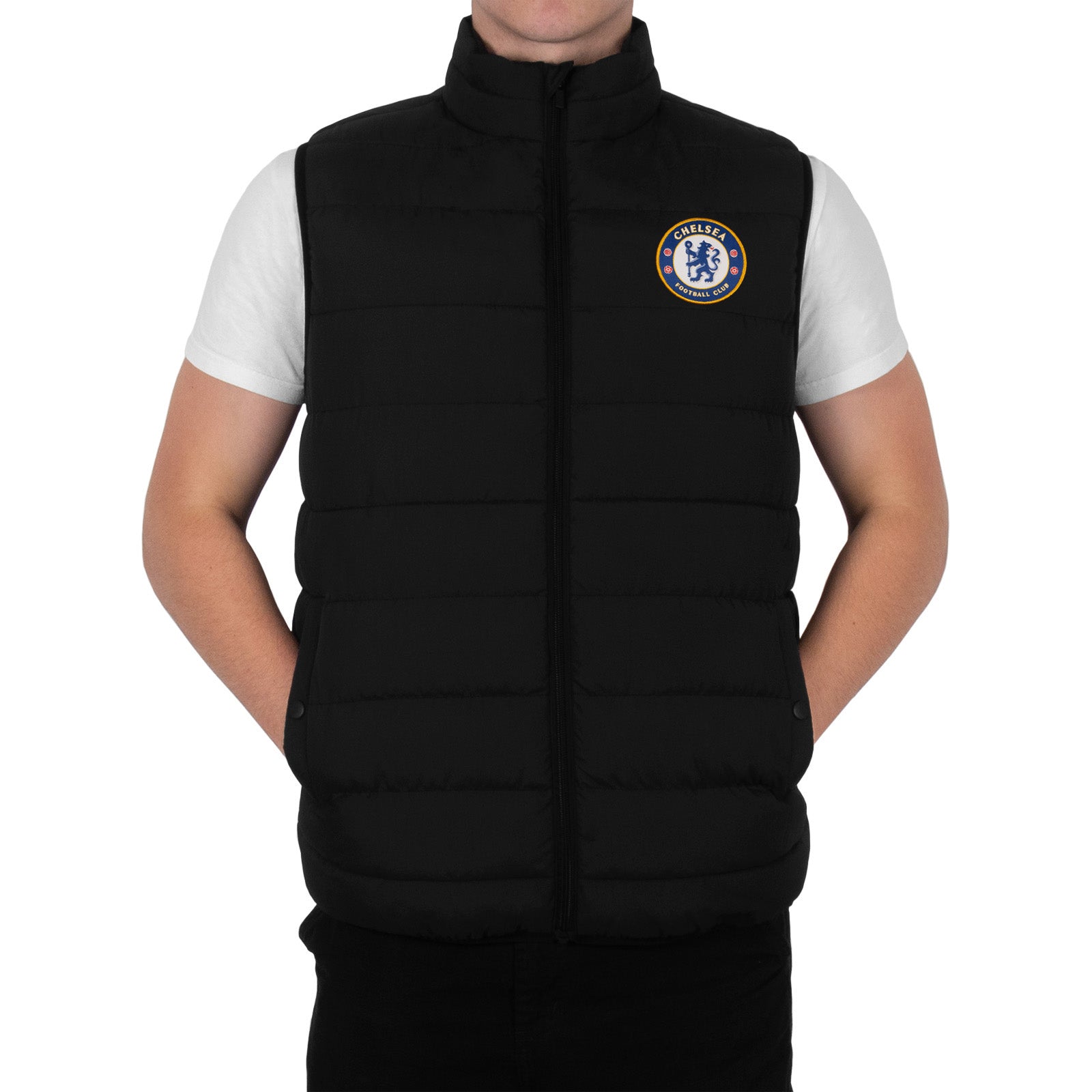 Chelsea adults gilet in black with club crest to chest.