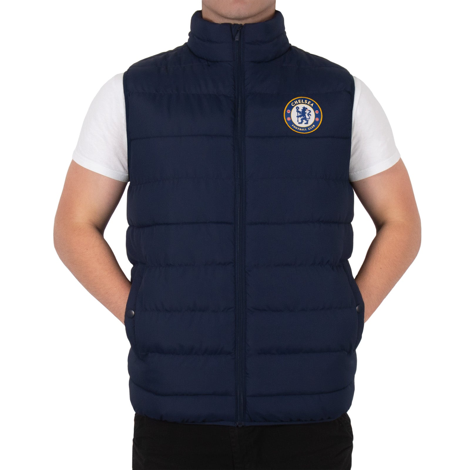 Chelsea adults gilet in black with club crest to chest.