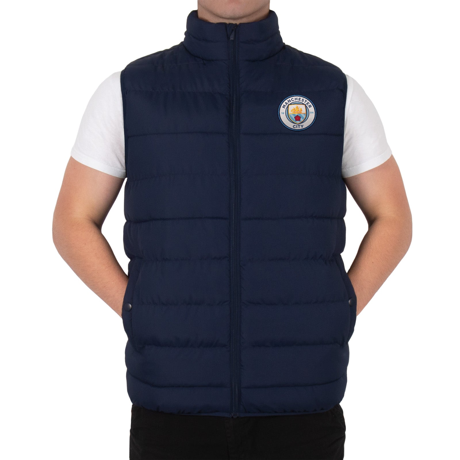 Man City adults gilet in black with full colour club crest to chest.