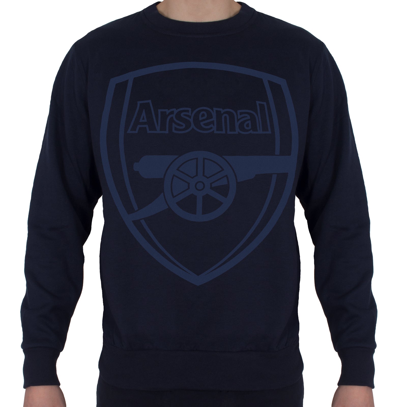 Arsenal men�s sweatshirt in black with oversized club crest to front.