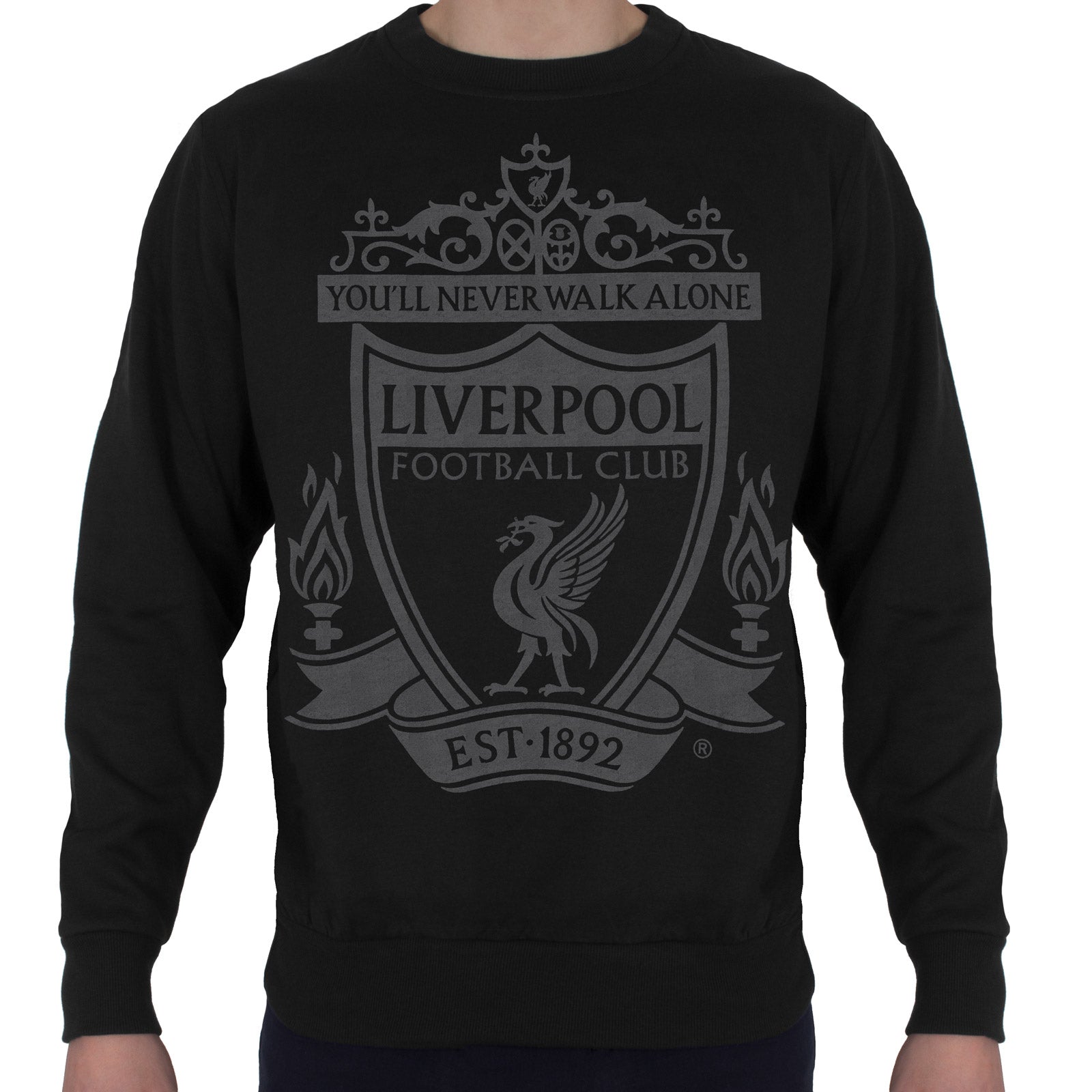 Liverpool adults sweatshirt in black with club crest to chest.