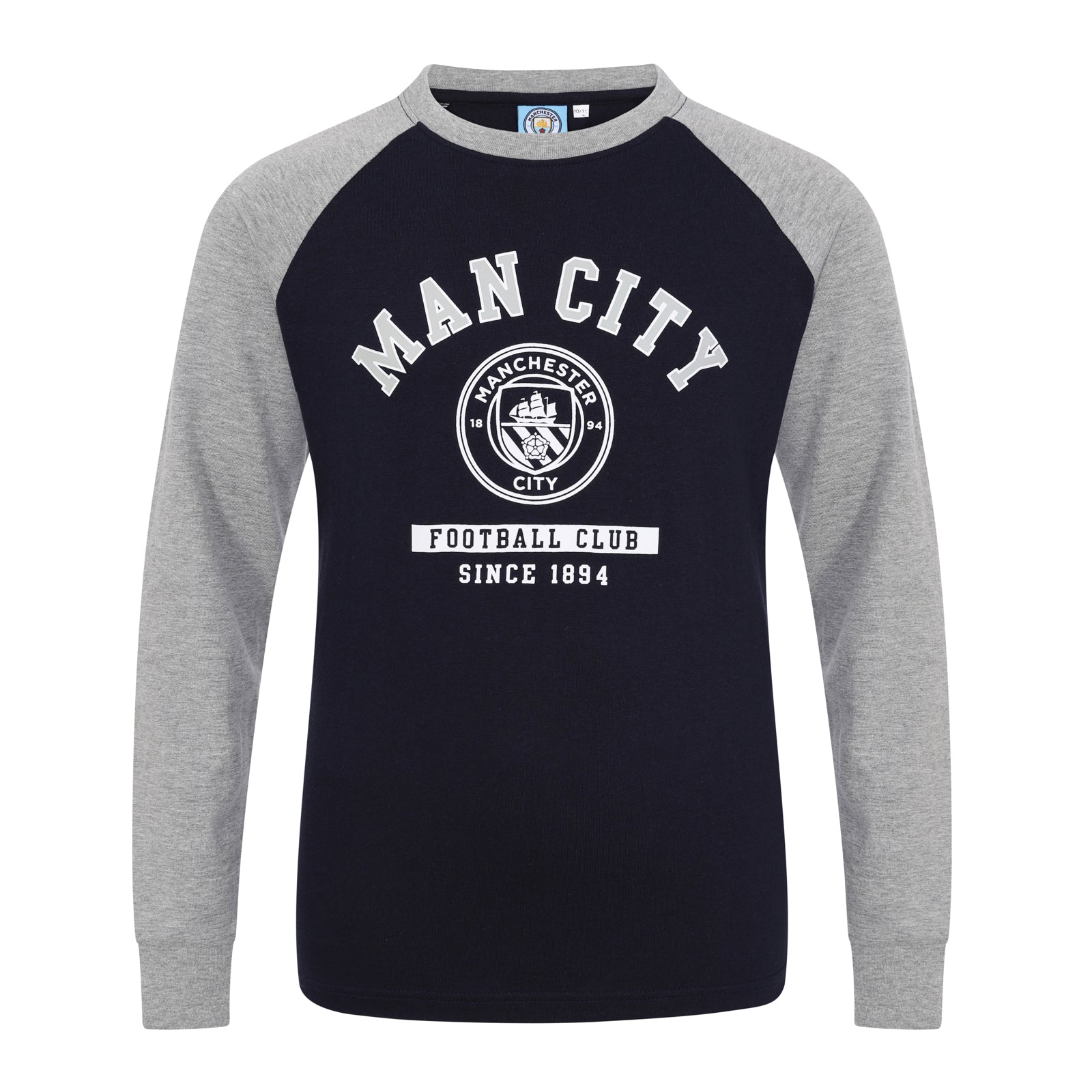 Man City kids long sleeve T-shirt in navy blue with large club crest print to front.