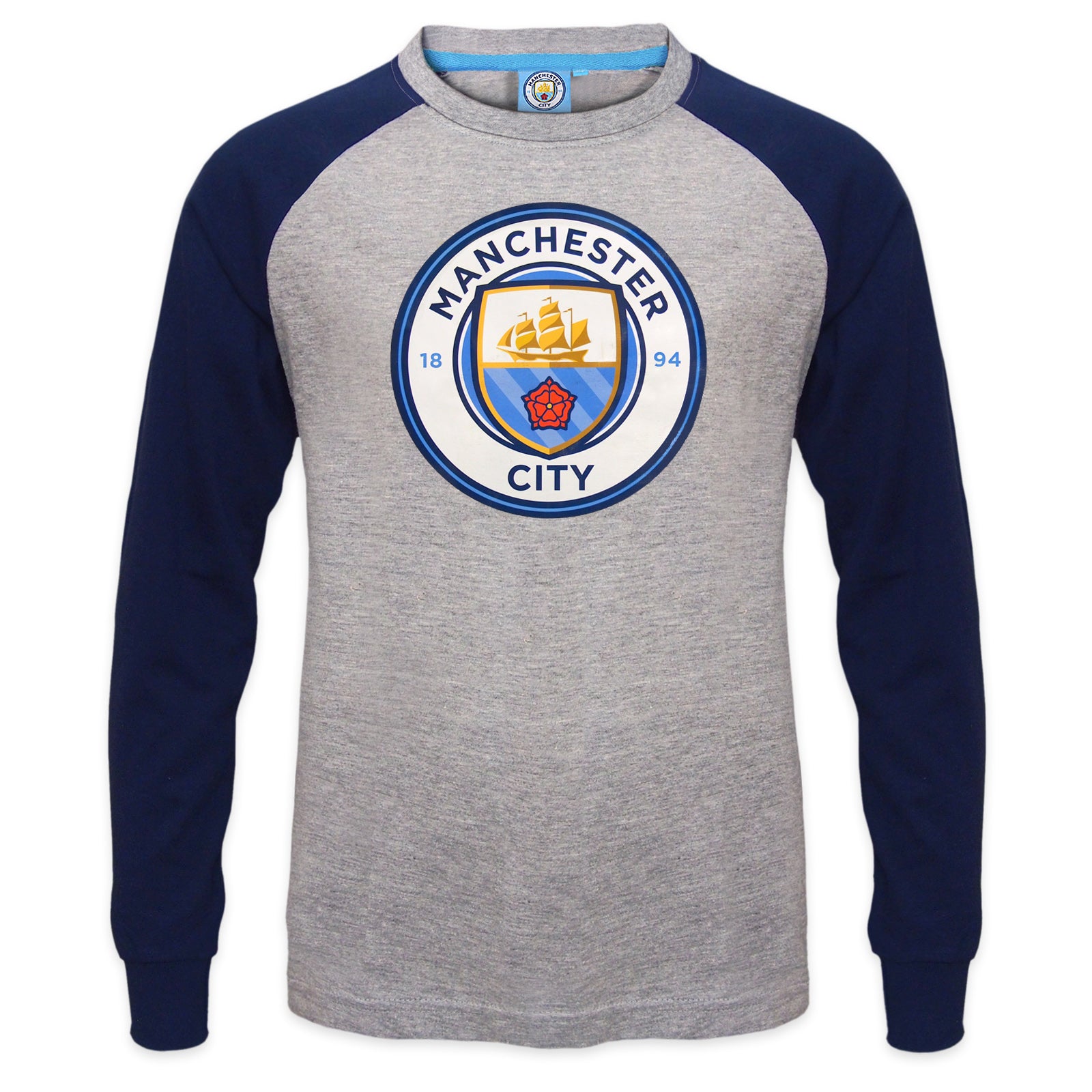 Man City kids long sleeve T-shirt in grey with large club crest print to front.