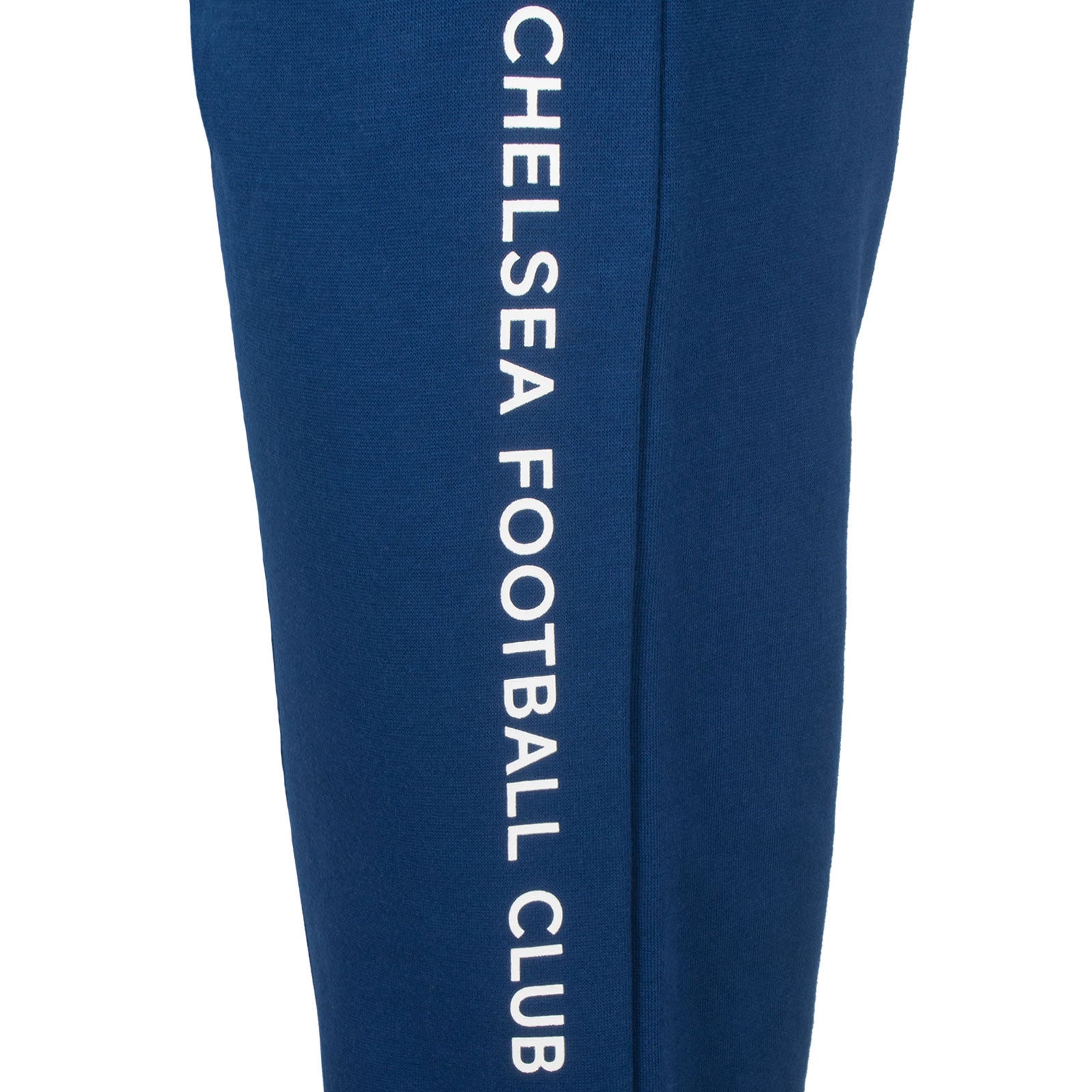 Chelsea kids slim fit track pants in blue with Chelsea 1905 text and club crest on left leg.