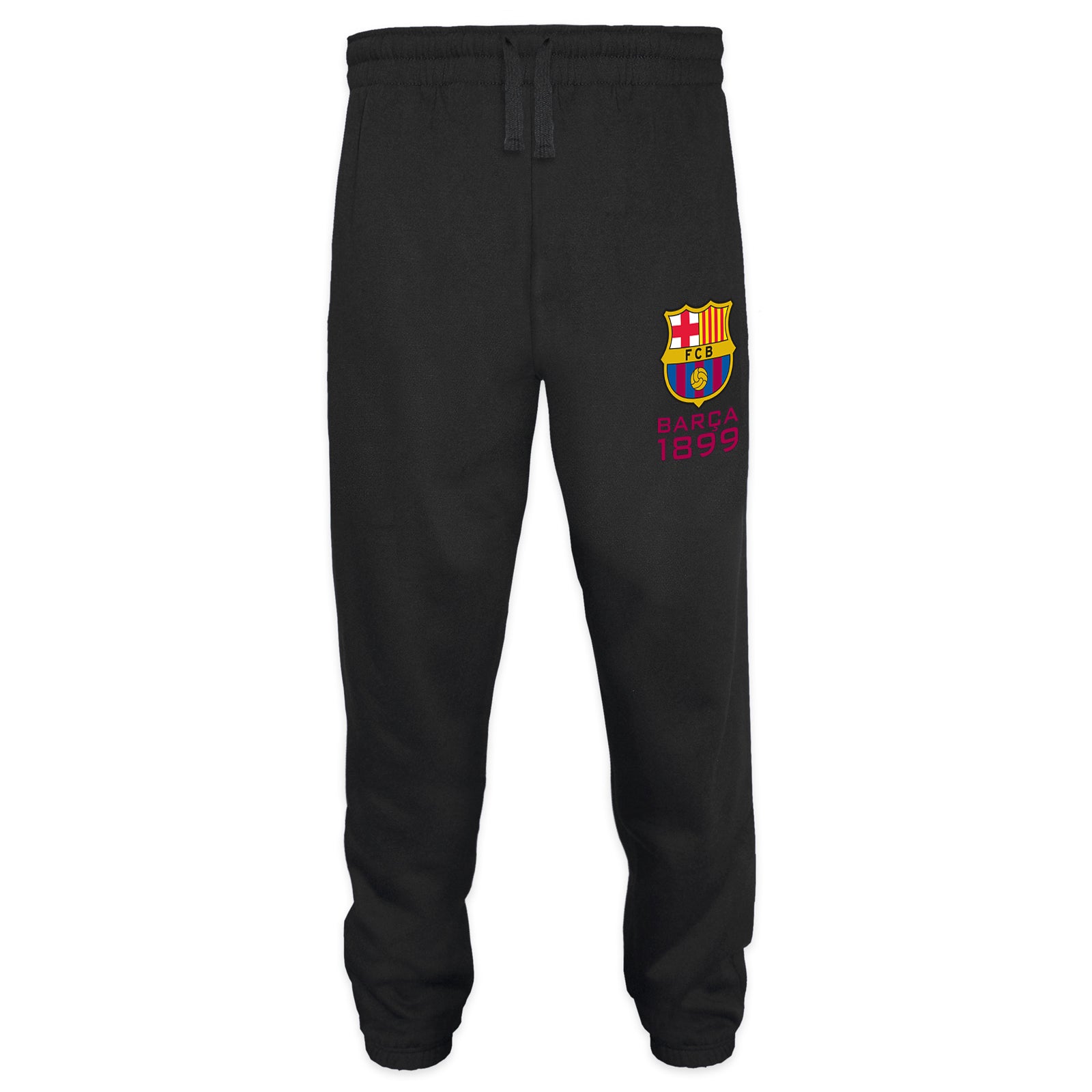 FC Barcelona adults track pants in black with club crest and text print on left leg.