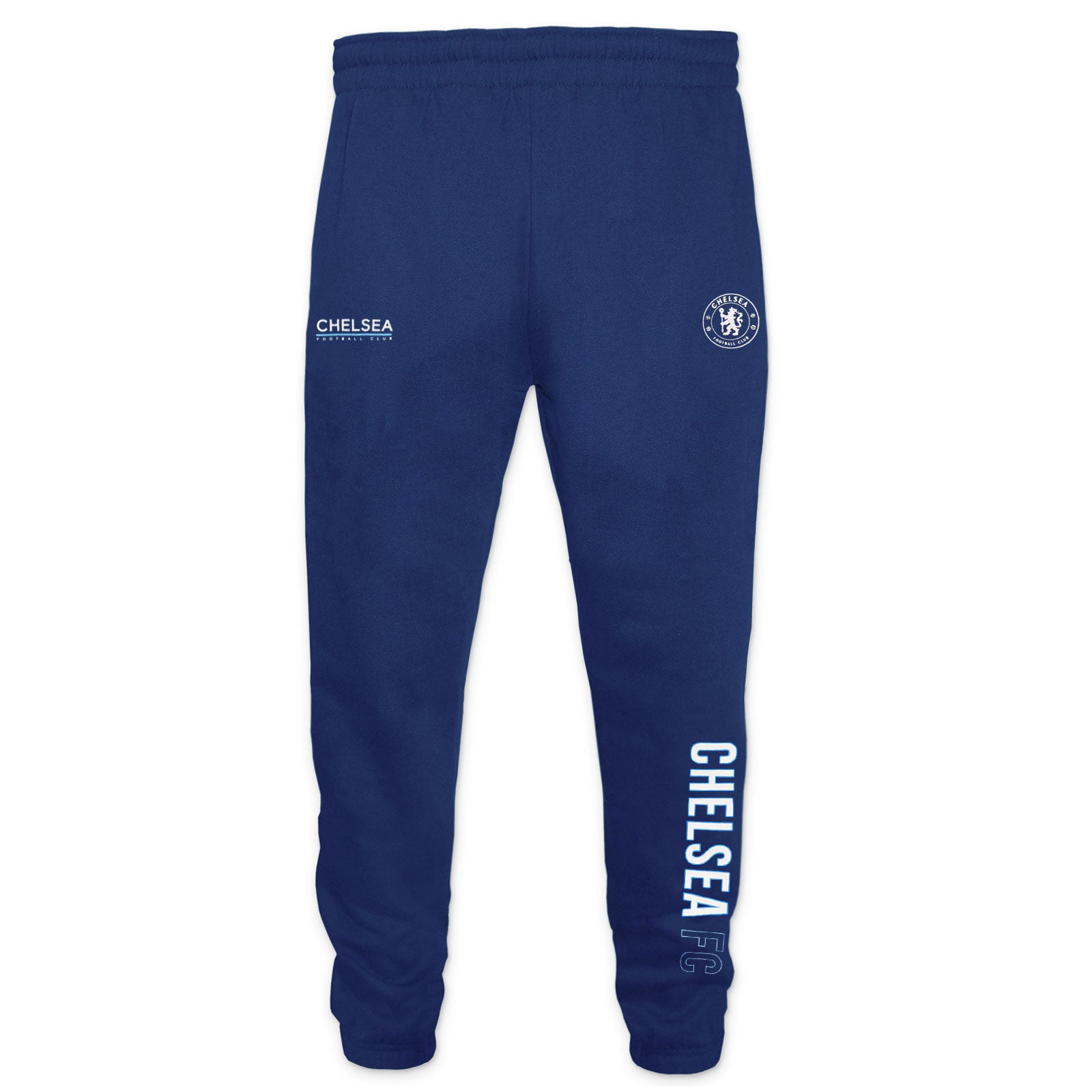 Chelsea kids slim fit track pants in blue with Chelsea 1905 text and club crest on left leg.