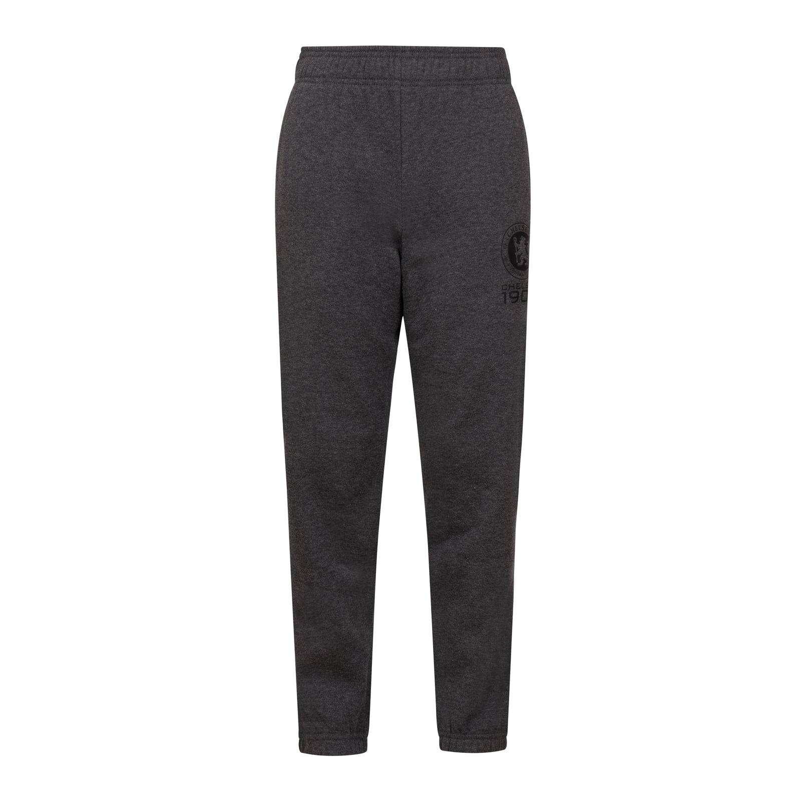 Chelsea kids slim fit track pants in grey with Chelsea 1905 text and club crest on left leg.