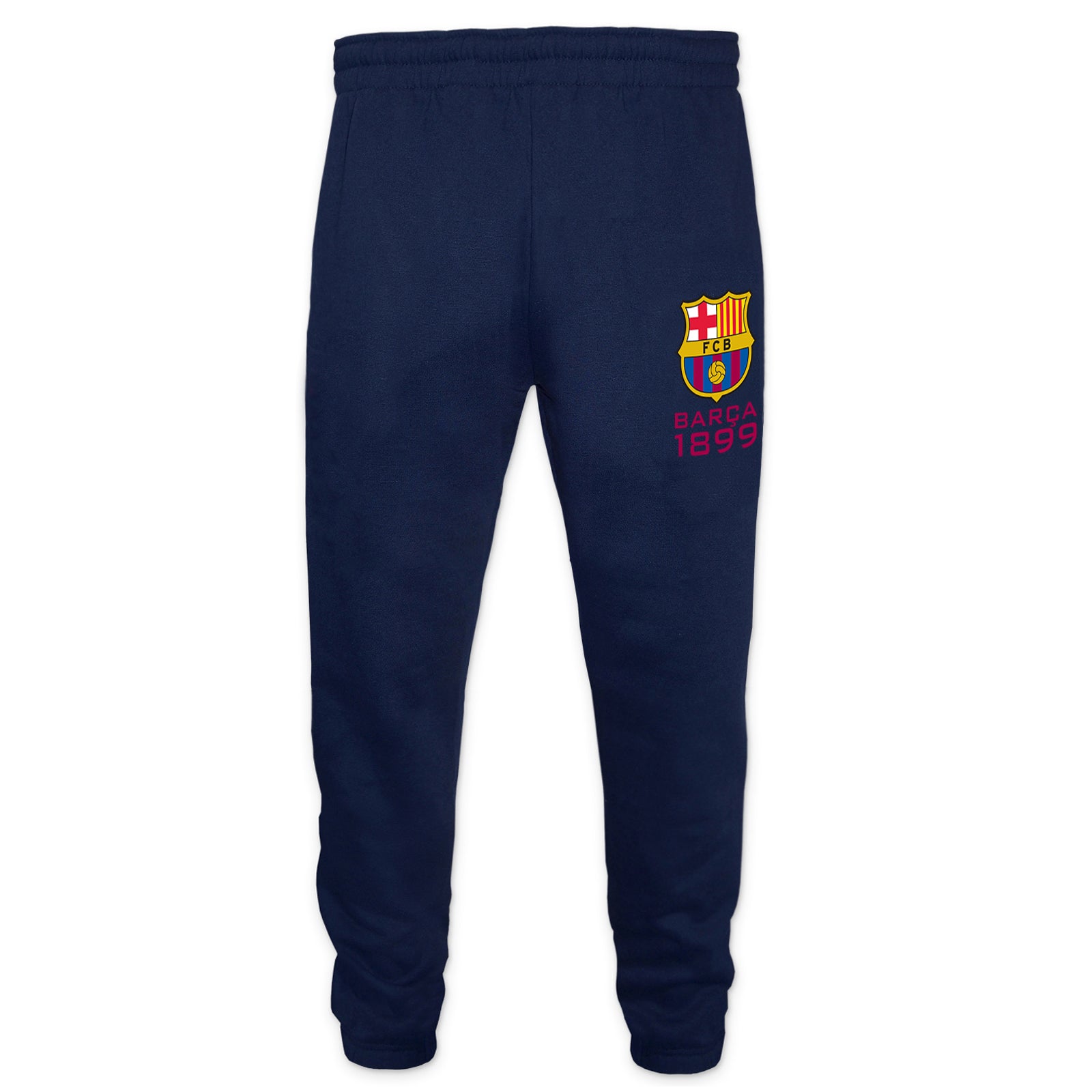 FC Barcelona kids slim fit track pants in black with club crest and text to left leg.