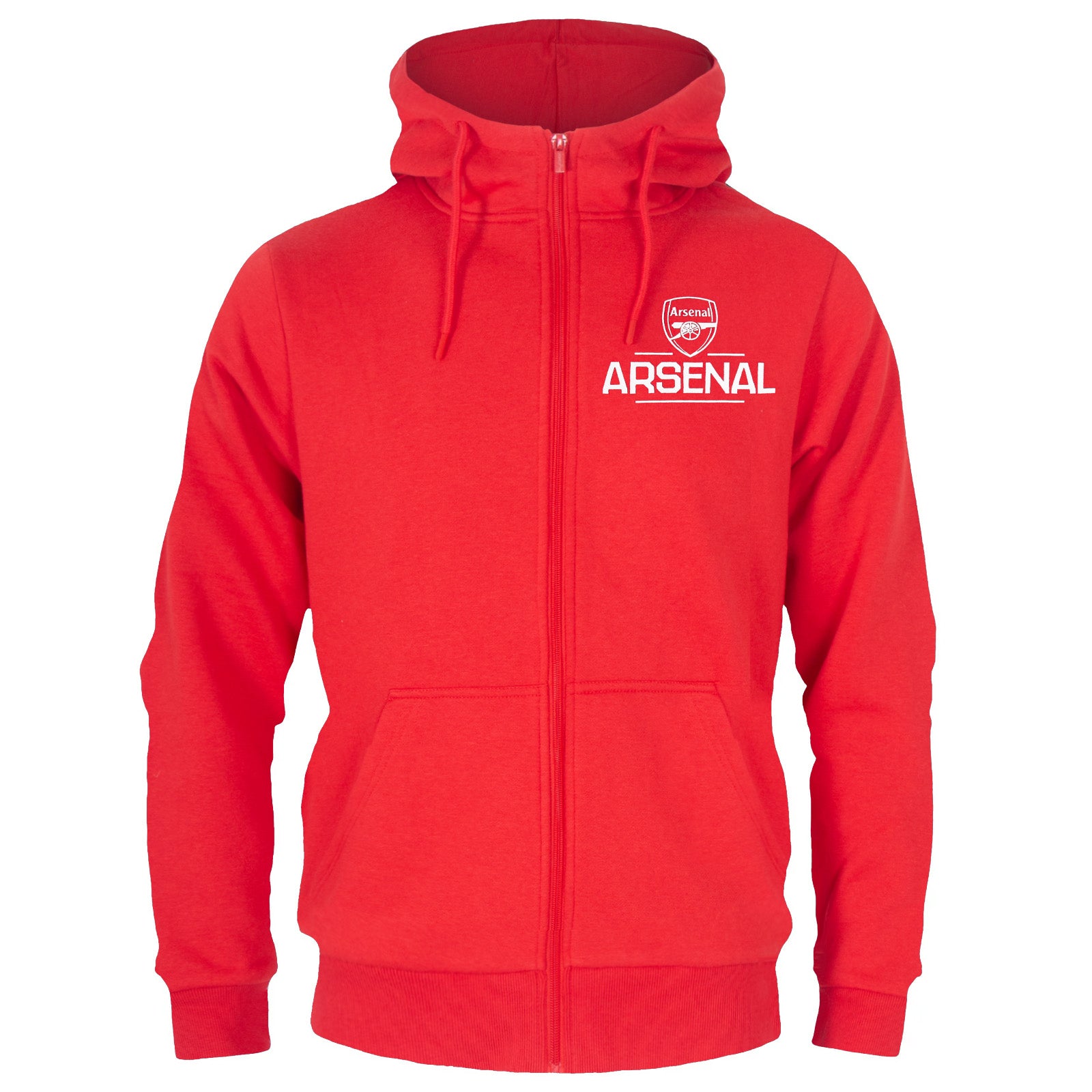 Arsenal adults zip hoodie in red with the club crest and AFC 1886 text on the left chest.