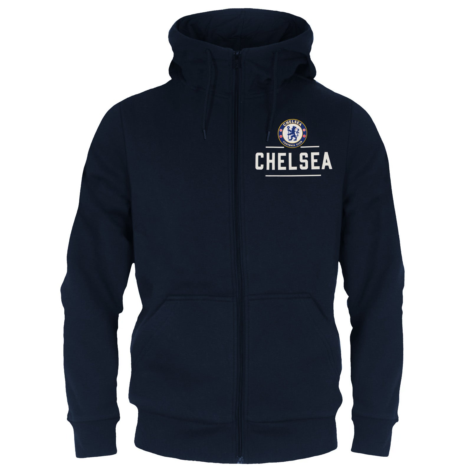 Chelsea adults zip hoodie in navy with club crest and Chelsea 1905 text on the left chest.