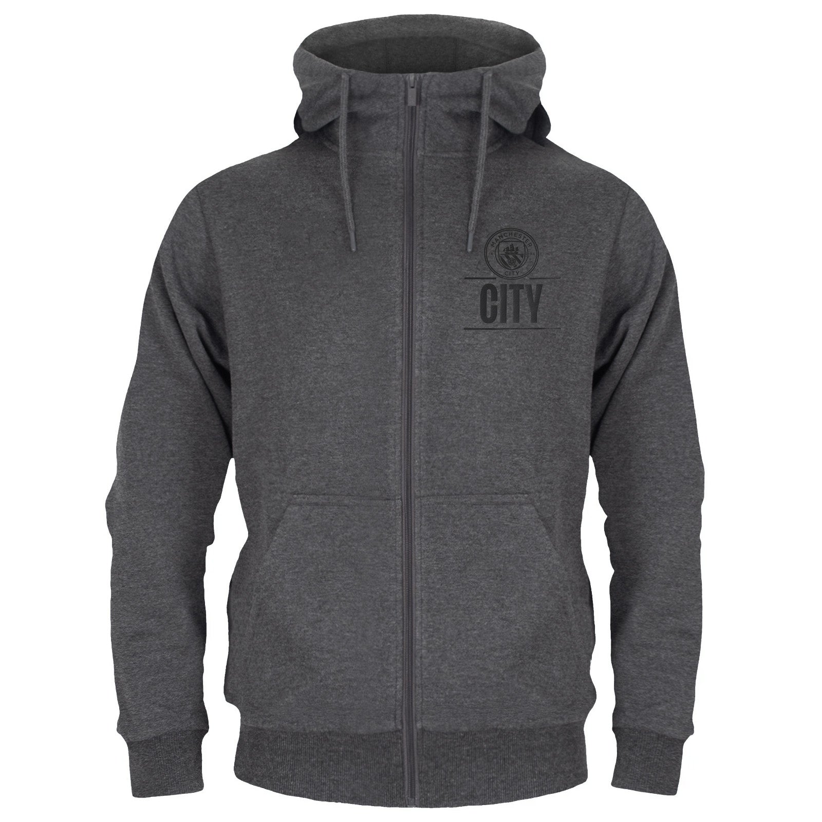 Man City adults zip hoodie in grey with club crest on the left chest.