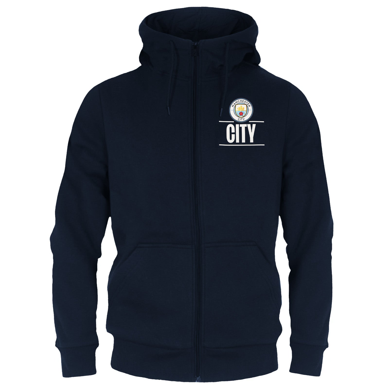 Man City adults zip hoodie in navy with club crest on the left chest.