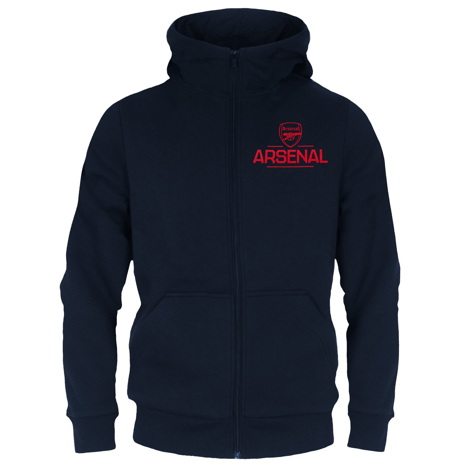 Arsenal kids zip hoodie in navy blue with the club crest and AFC 1886 text on the left chest.