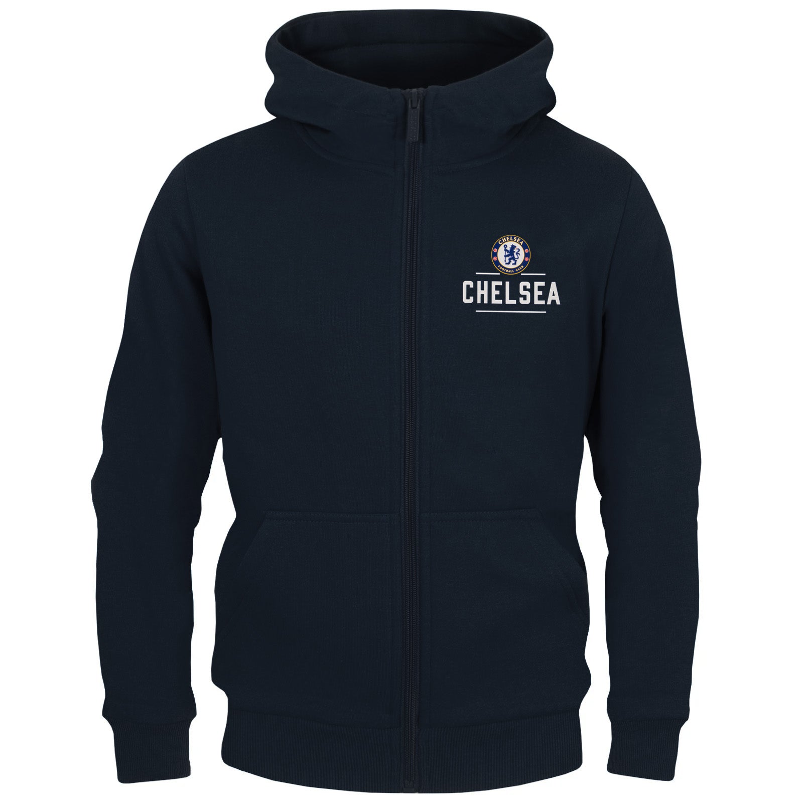 Chelsea kids zip hoodie in navy blue with club crest and Chelsea 1905 text on the left chest.
