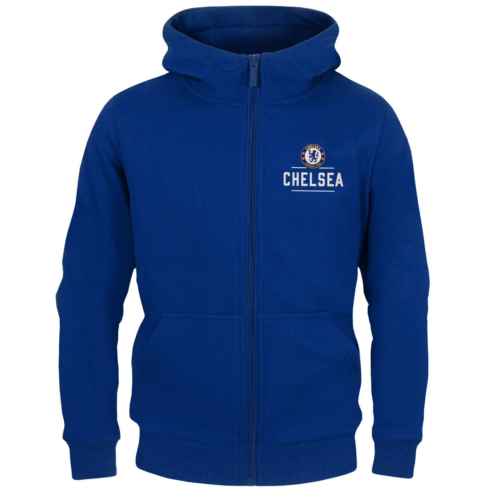 Chelsea kids zip hoodie in navy blue with club crest and Chelsea text on the left chest.