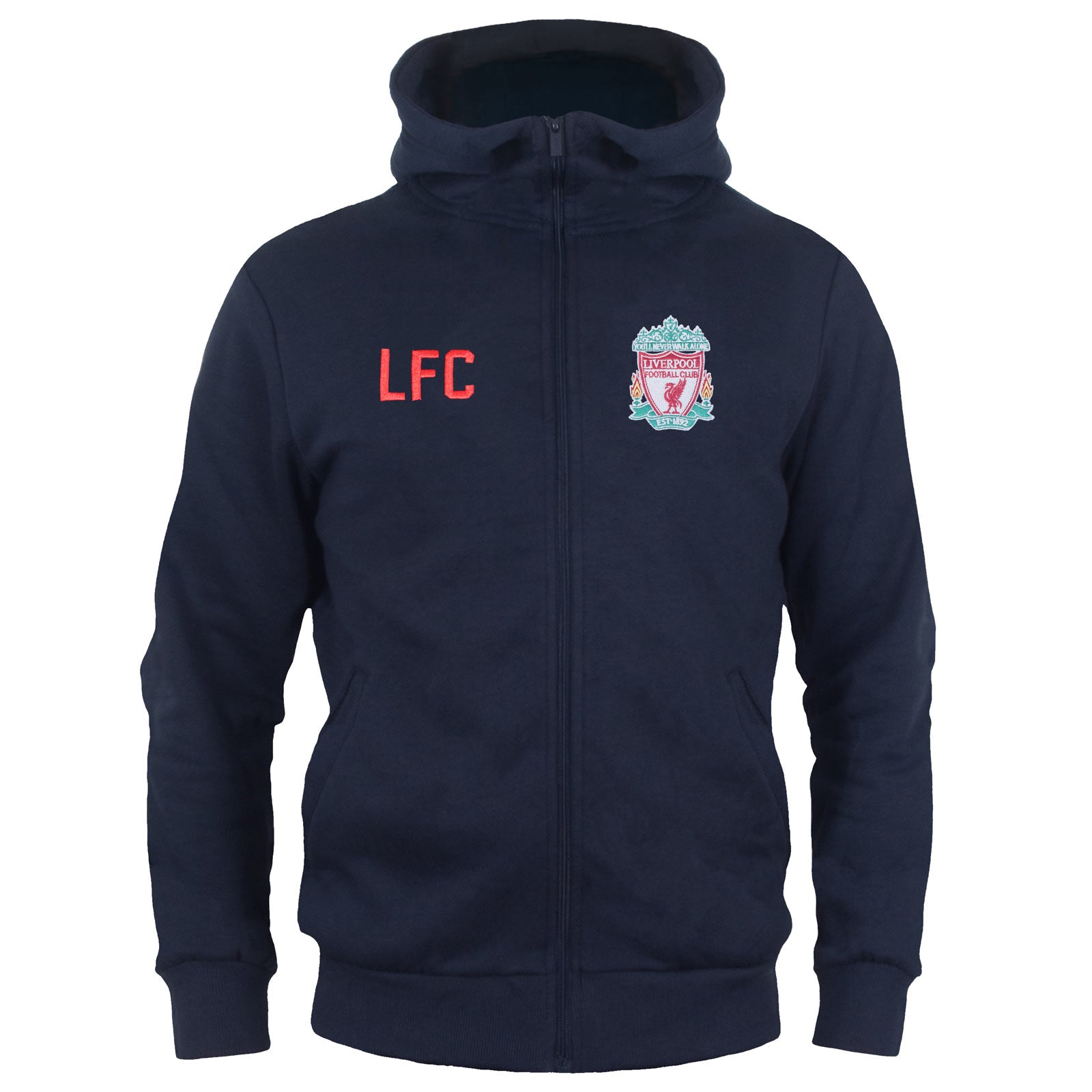 Liverpool kids zip hoodie in navy with club crest on the left chest.