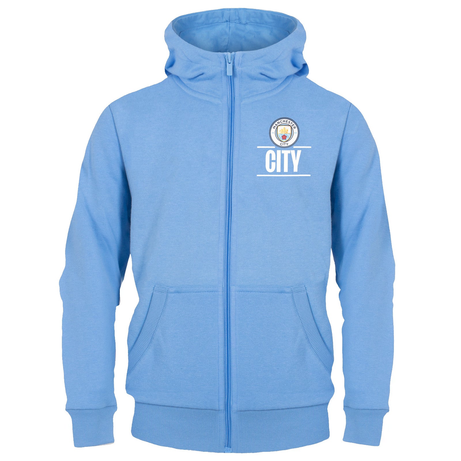 Man City kids zip hoodie in sky blue with club crest on the left chest.