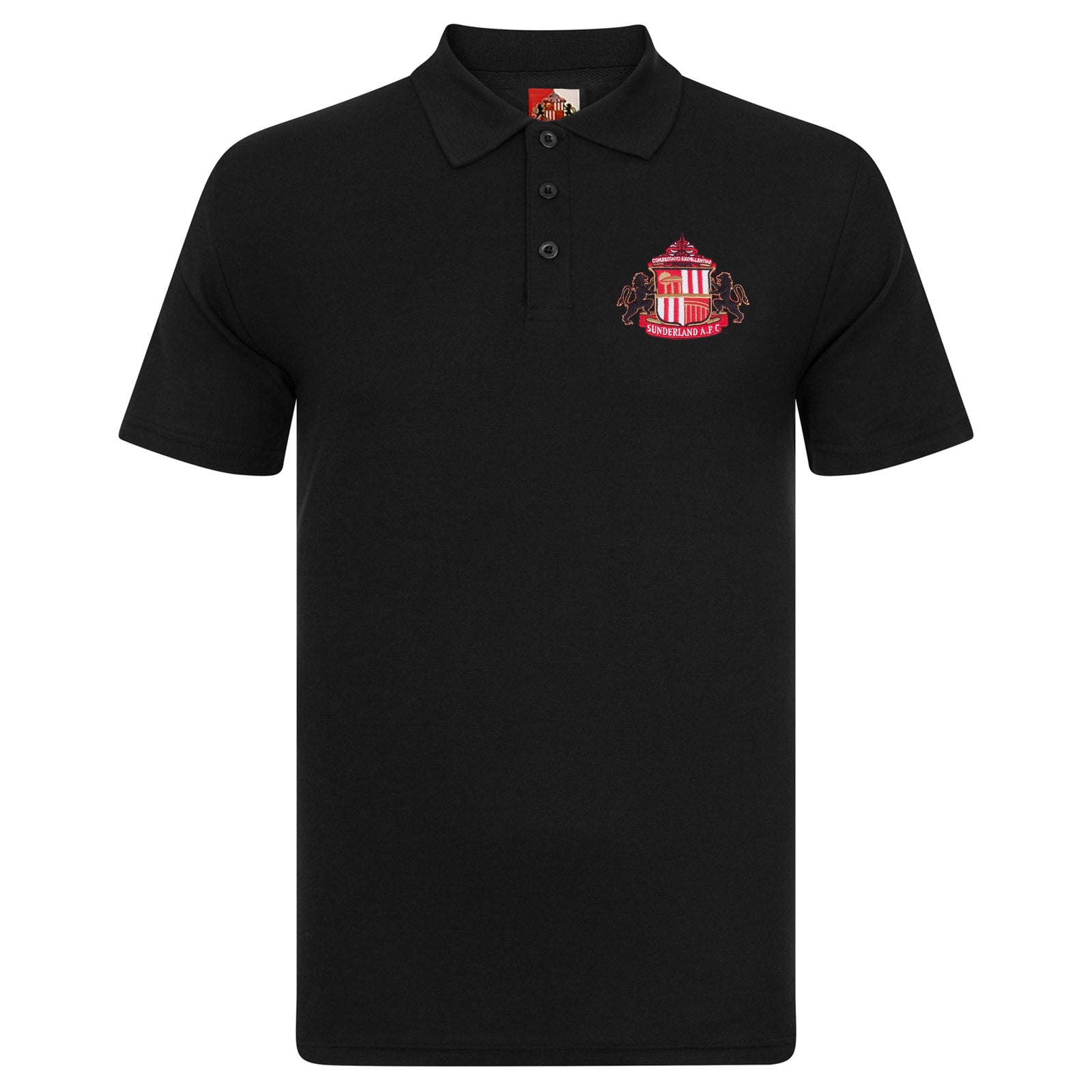 Sunderland adults polo shirt in black with Sunderland badge and text to chest.