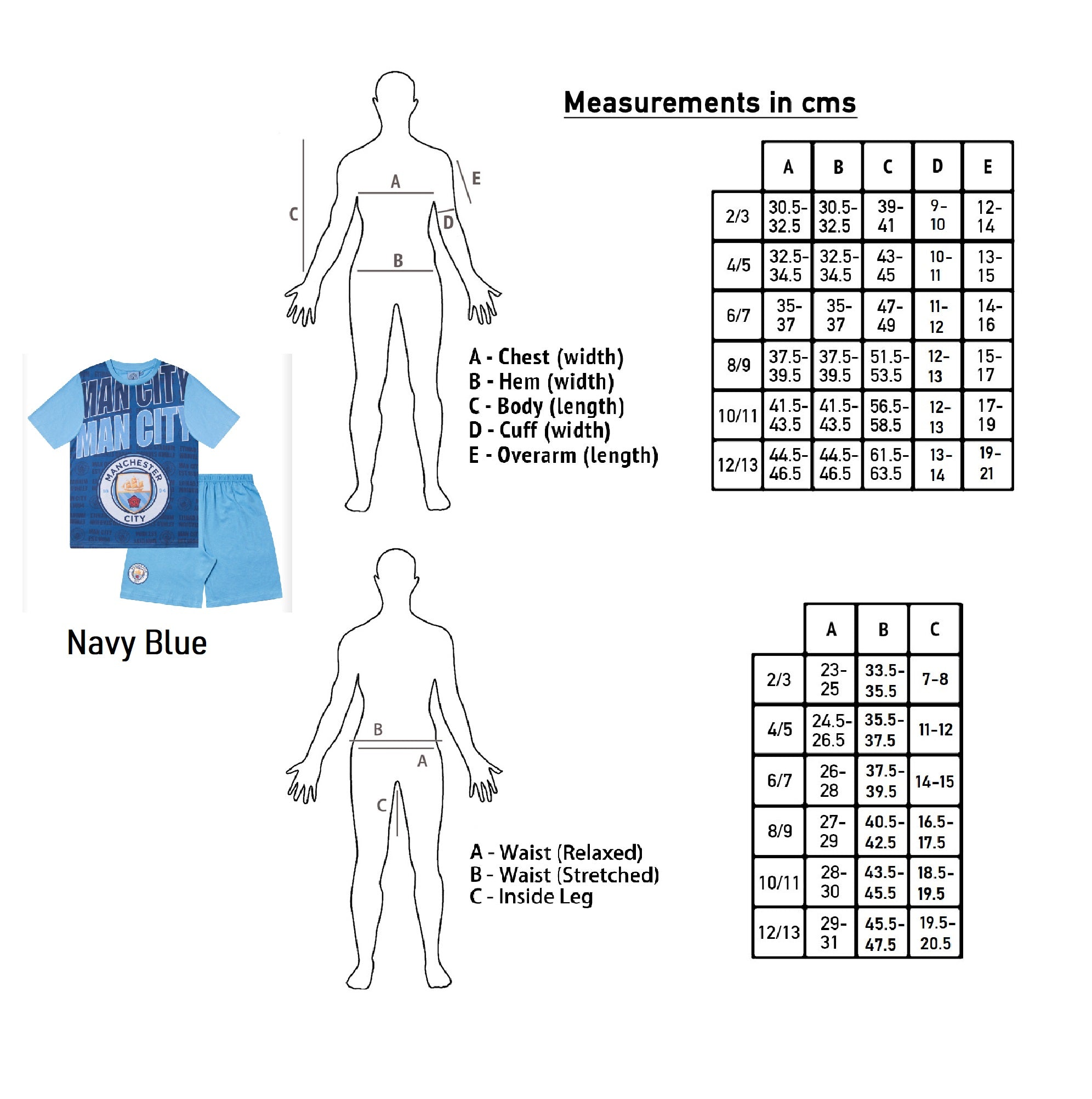 Man City kids pyjamas in navy blue. Short sleeve top with graphic and shorts with crest to the left leg