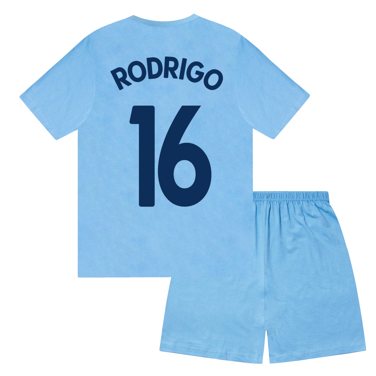 Man City kids pyjamas in navy blue. Short sleeve top with graphic and shorts with crest to the left leg