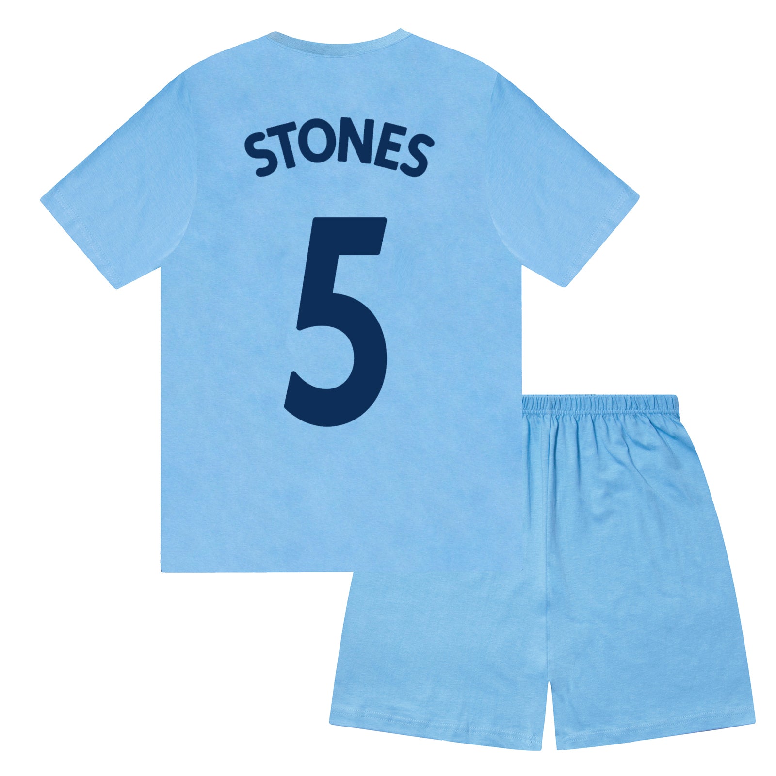 Man City kids pyjamas in navy blue. Short sleeve top with graphic and shorts with crest to the left leg