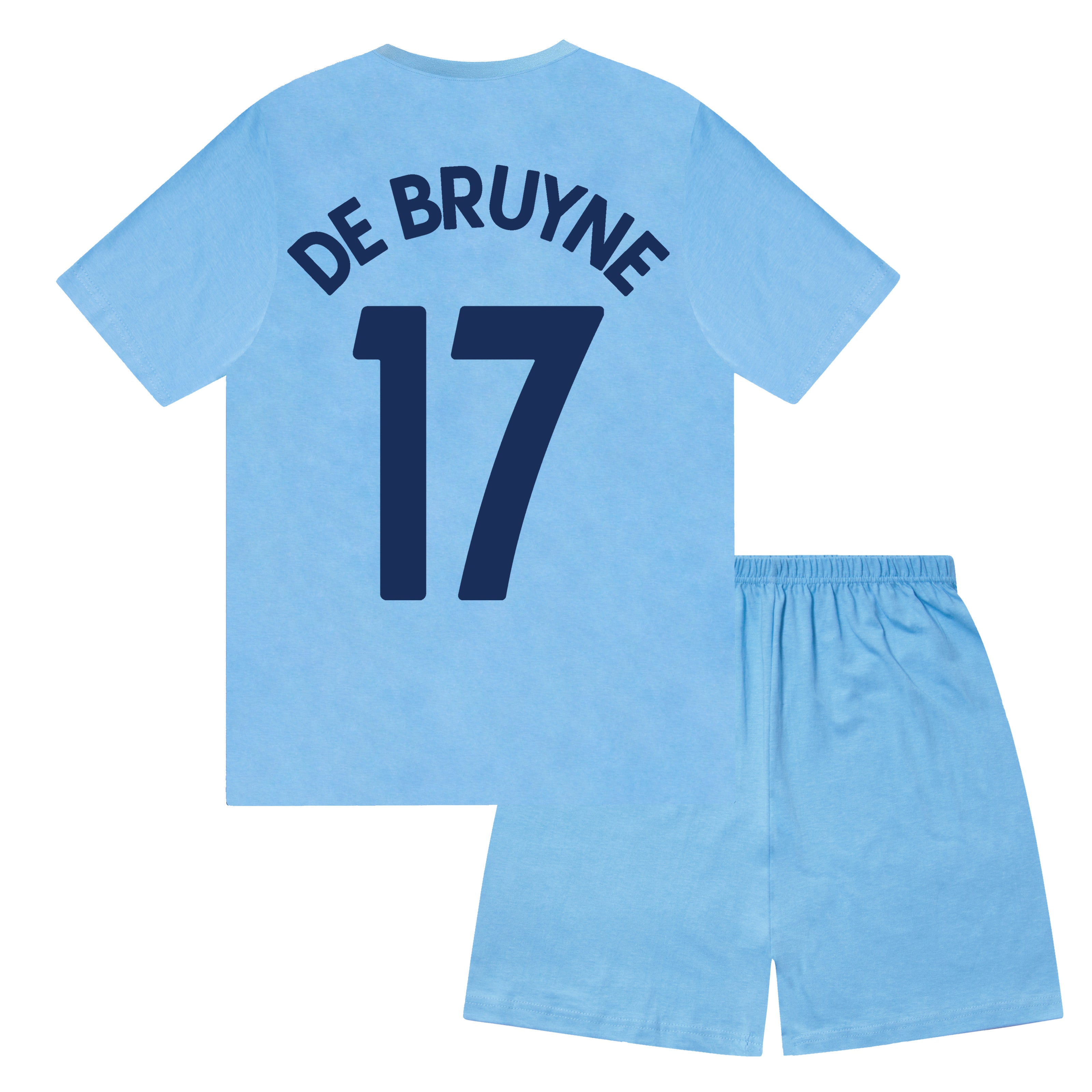 Man City kids pyjamas in navy blue. Short sleeve top with graphic and shorts with crest to the left leg