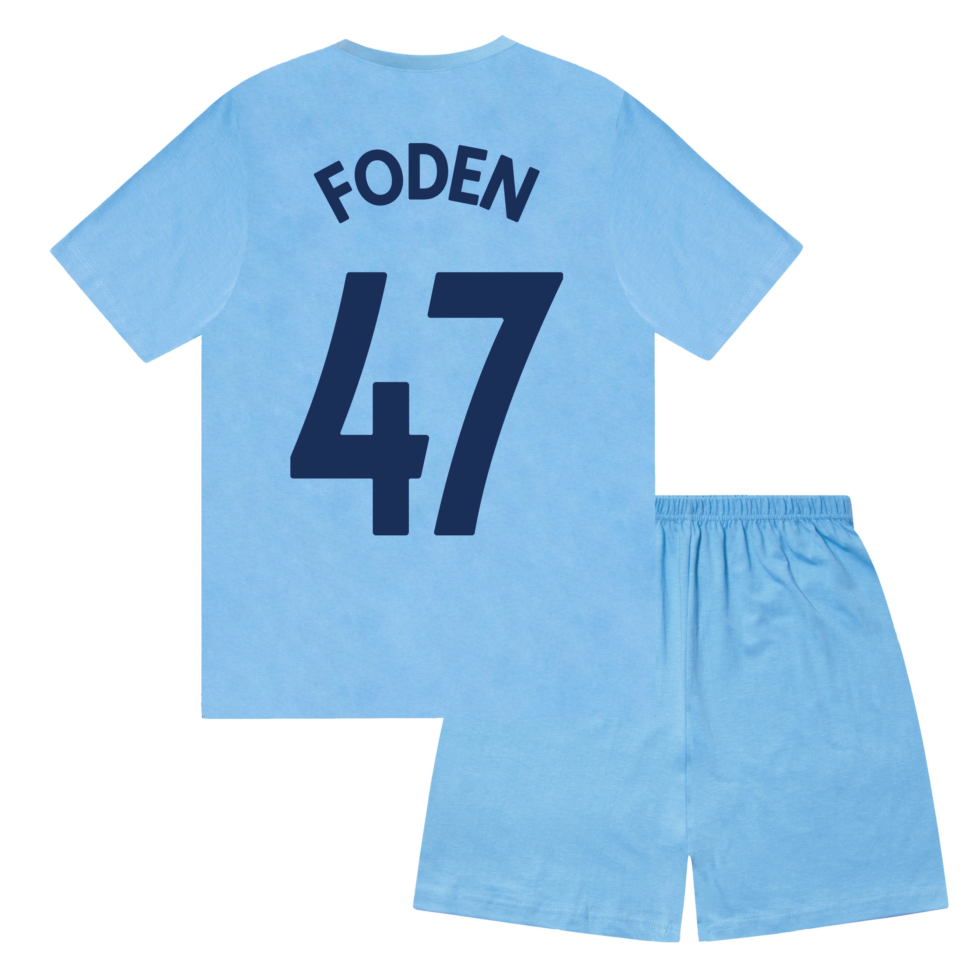 Man City kids pyjamas in navy blue. Short sleeve top with graphic and shorts with crest to the left leg