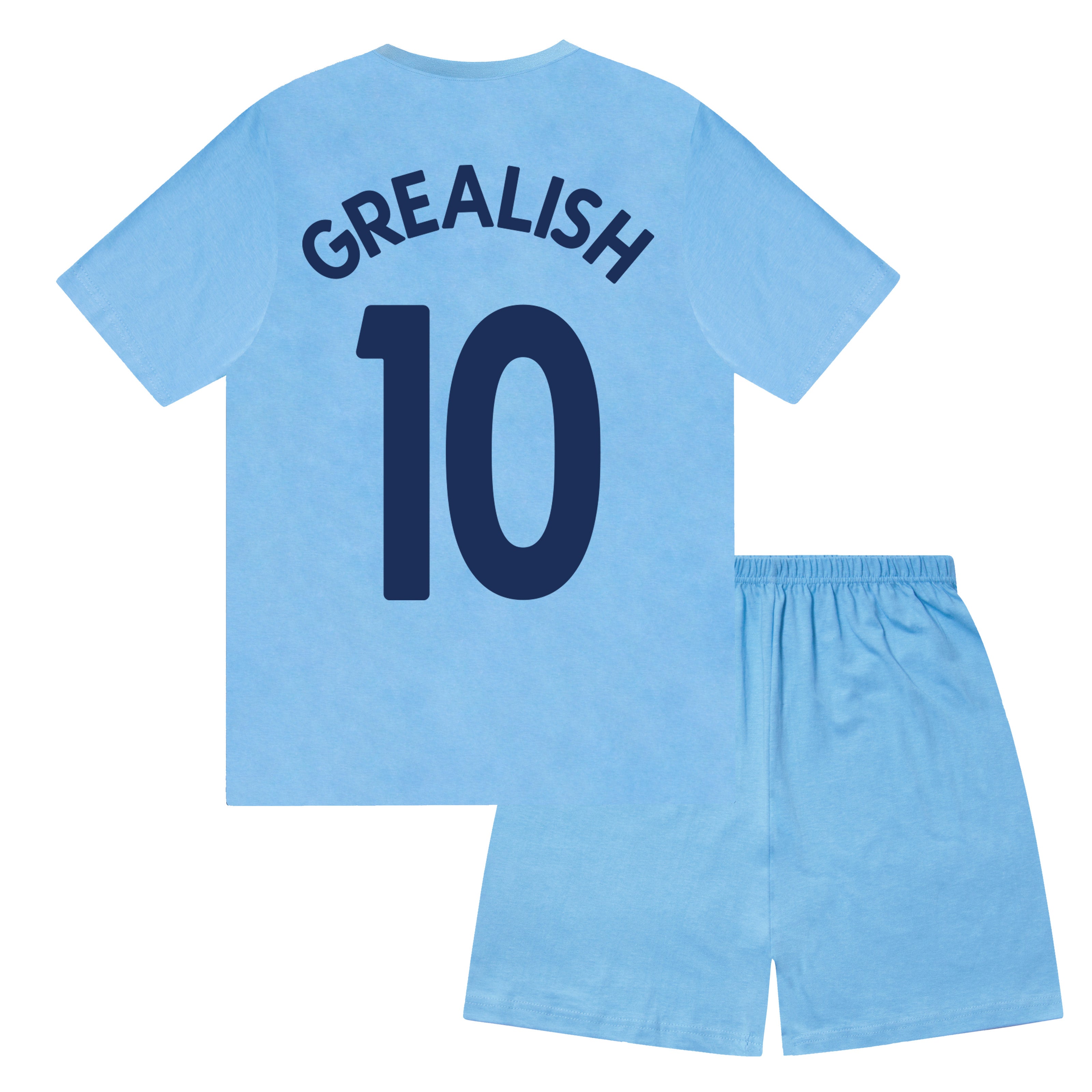 Man City kids pyjamas in navy blue. Short sleeve top with graphic and shorts with crest to the left leg