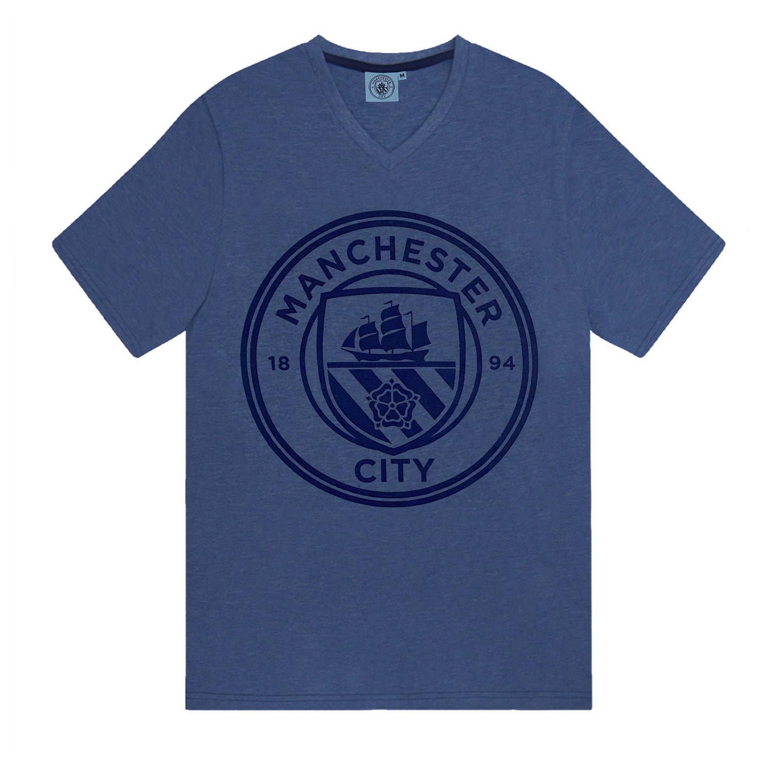 Man City adults pyjamas in blue marl. Short sleeve top with graphic and shorts with logo to the left leg