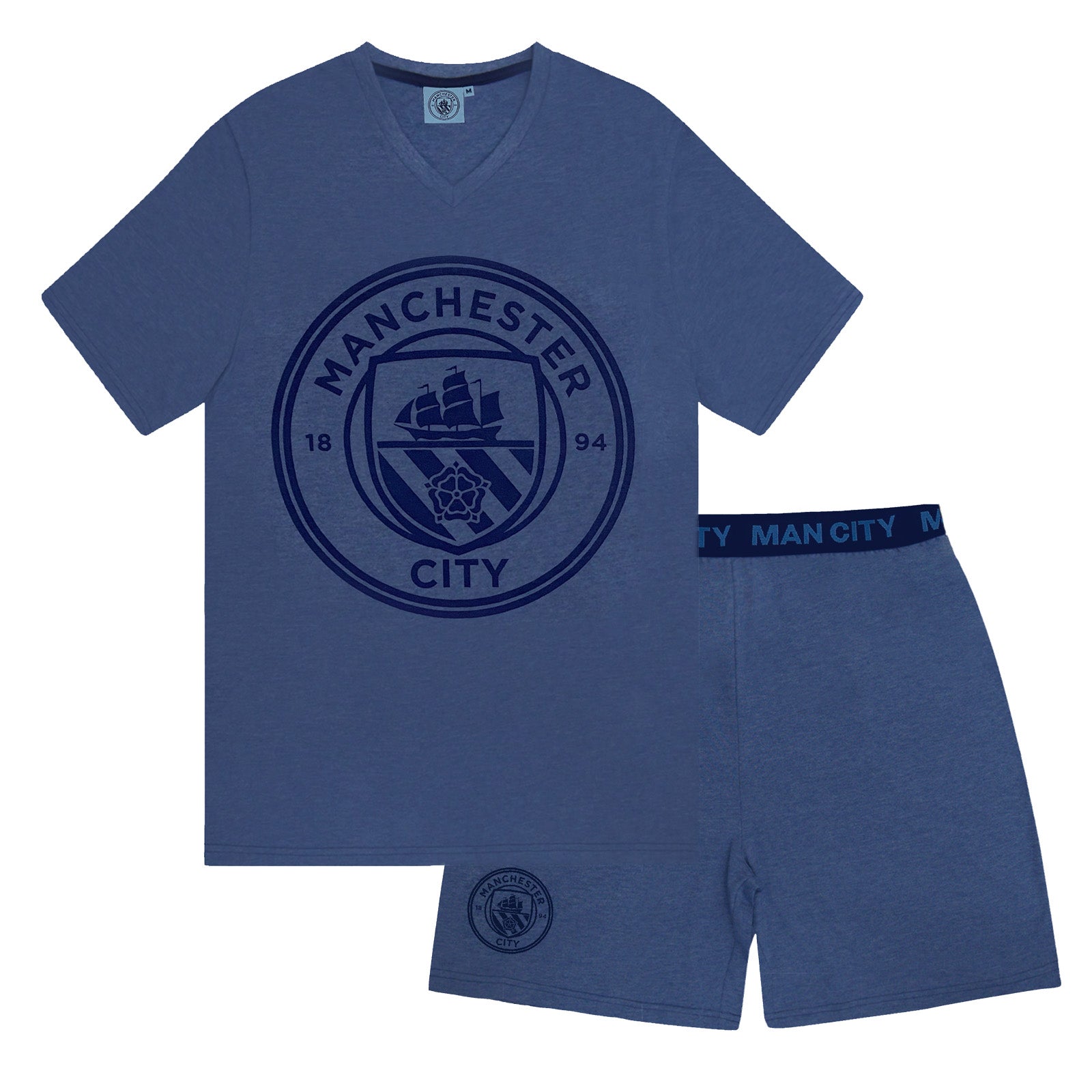 Man City adults pyjamas in blue marl. Short sleeve top with graphic and shorts with logo to the left leg