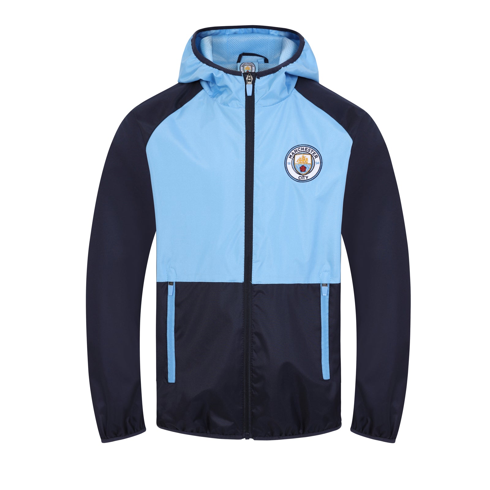 Man City kids shower jacket in blue with club crest to chest.