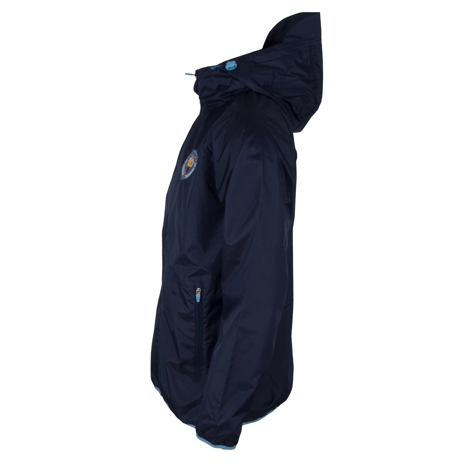 Man City adults shower jacket with hood in navy blue with club crest to chest.