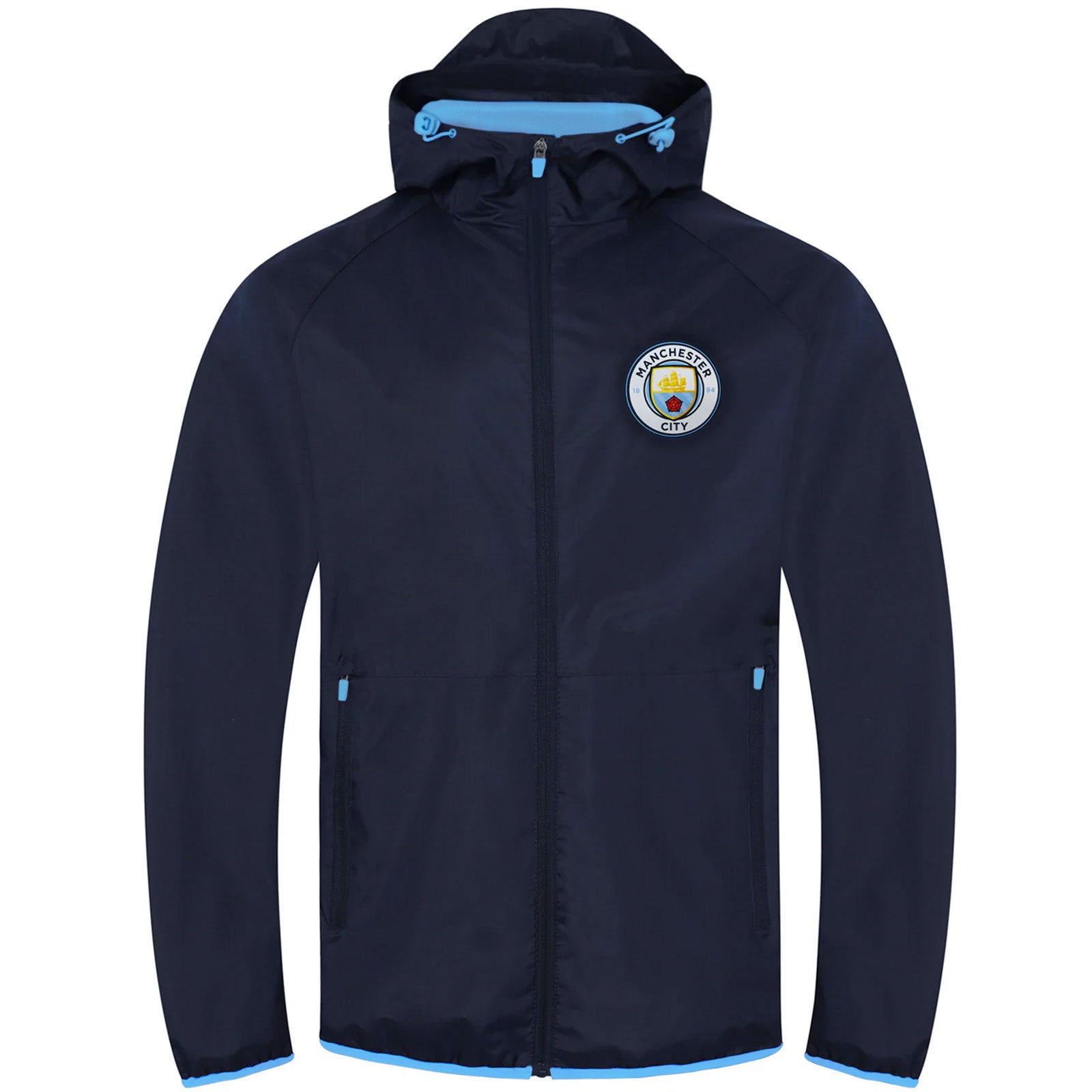 Man City adults shower jacket with hood in navy blue with club crest to chest.