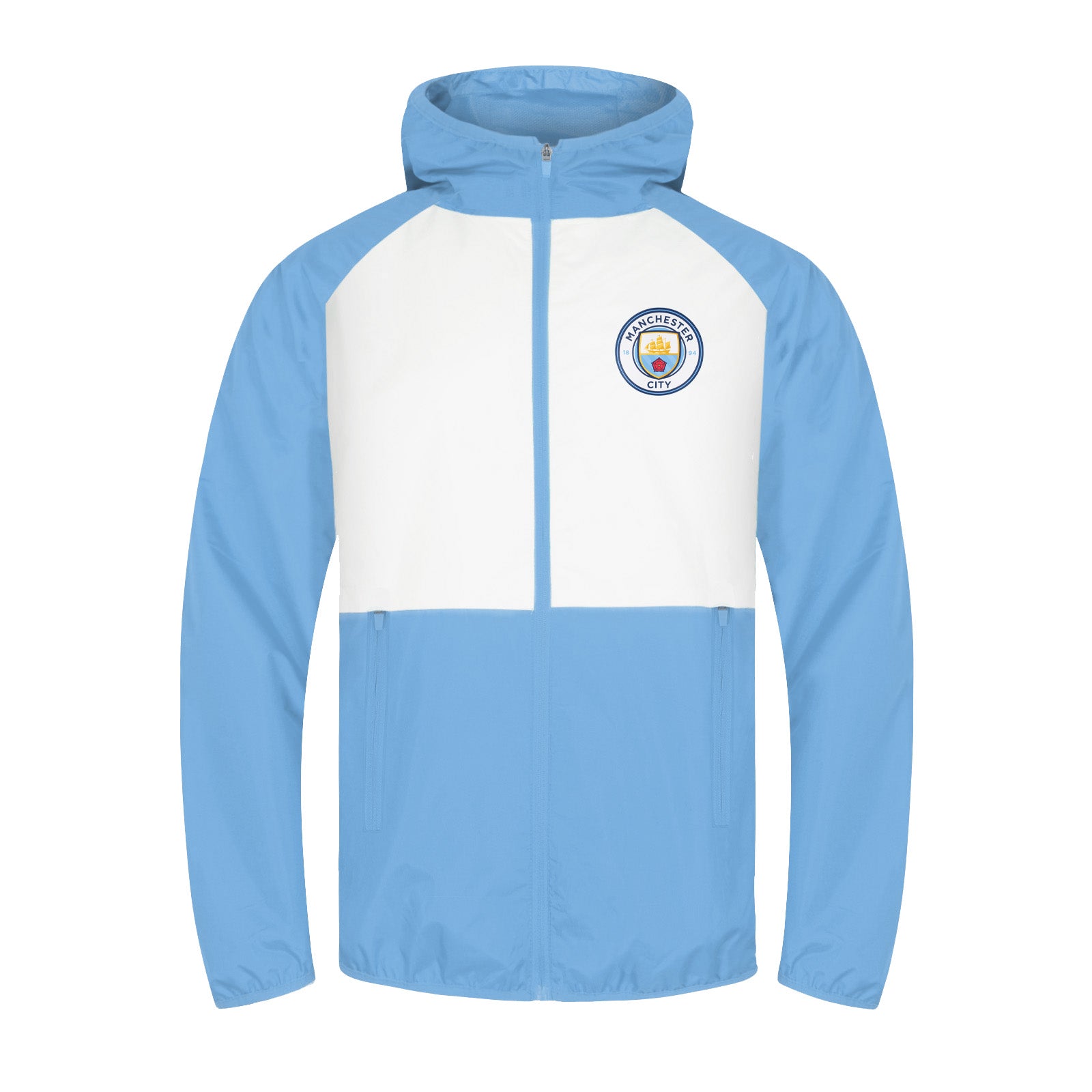 Man City kids shower jacket in white with club crest to chest.