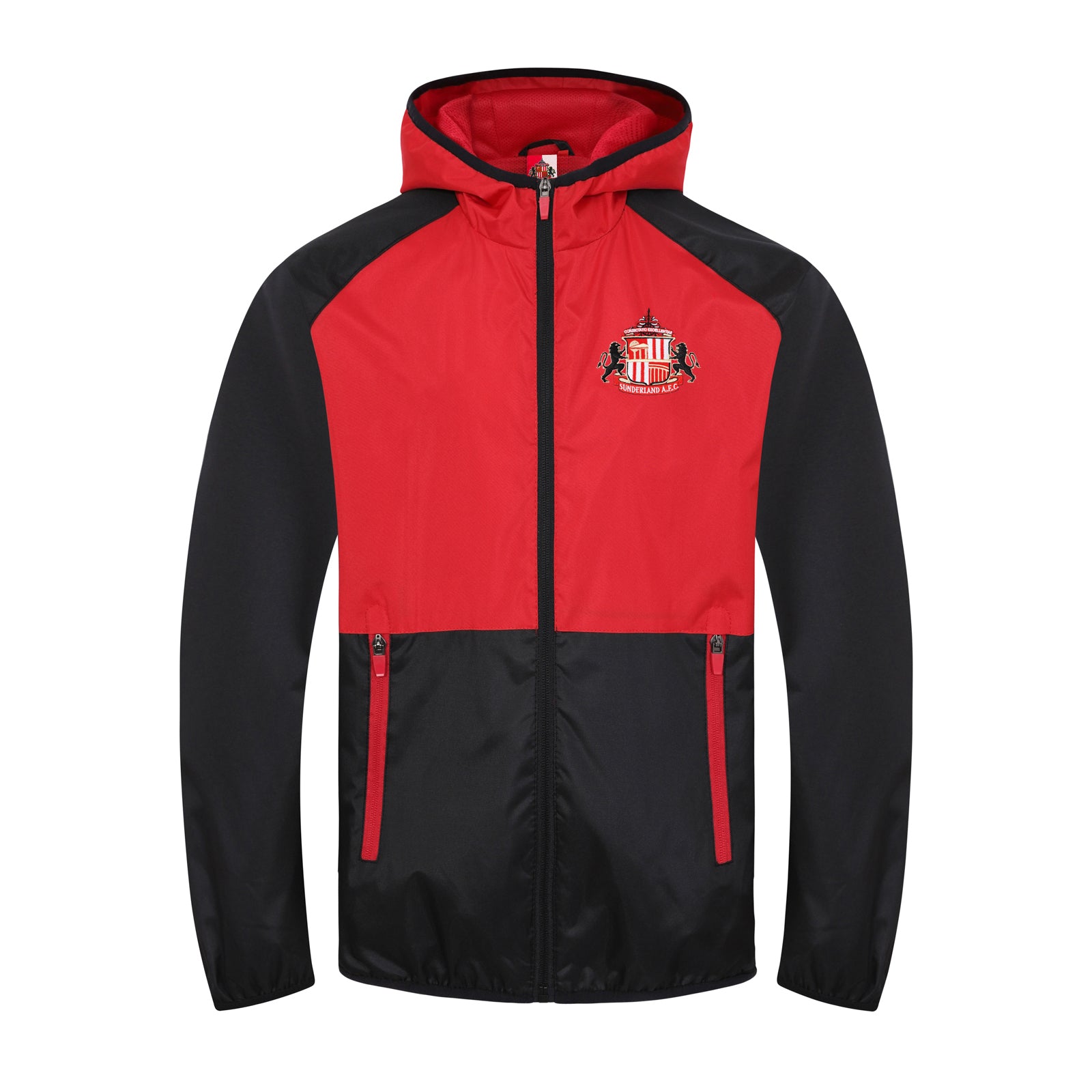 Sunderland adults shower jacket in red with full colour club crest to chest.