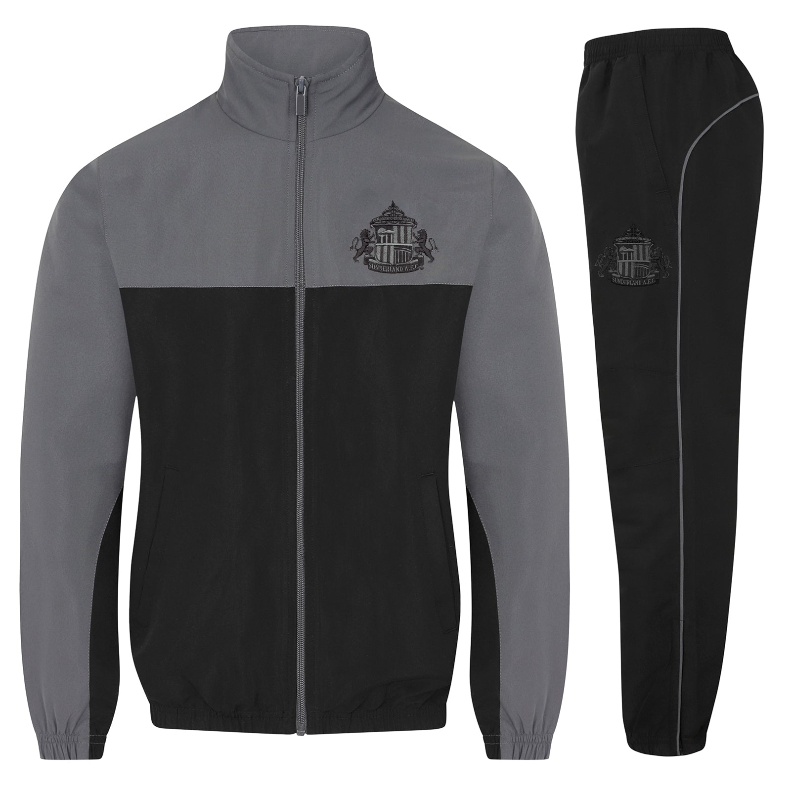 Sunderland kids tracksuit in grey with club crest to chest and left thigh