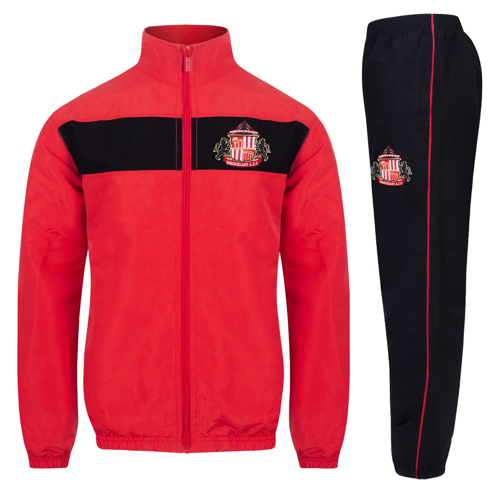 Sunderland kids tracksuit in red with club crest to chest and left thigh