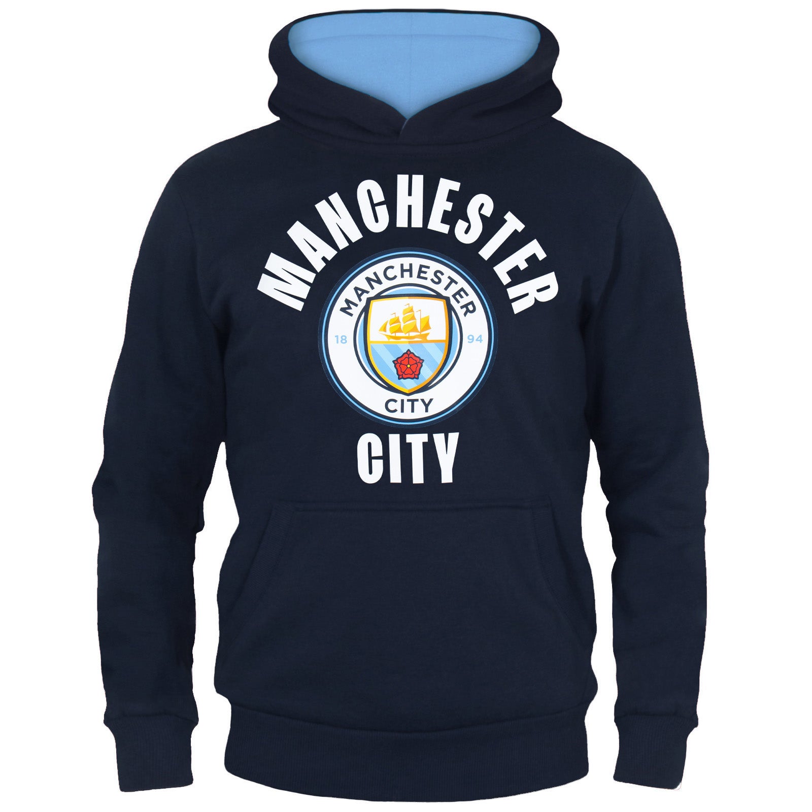 Man City kids graphic hoodie in navy with MCFC club crest to the centre of the body.