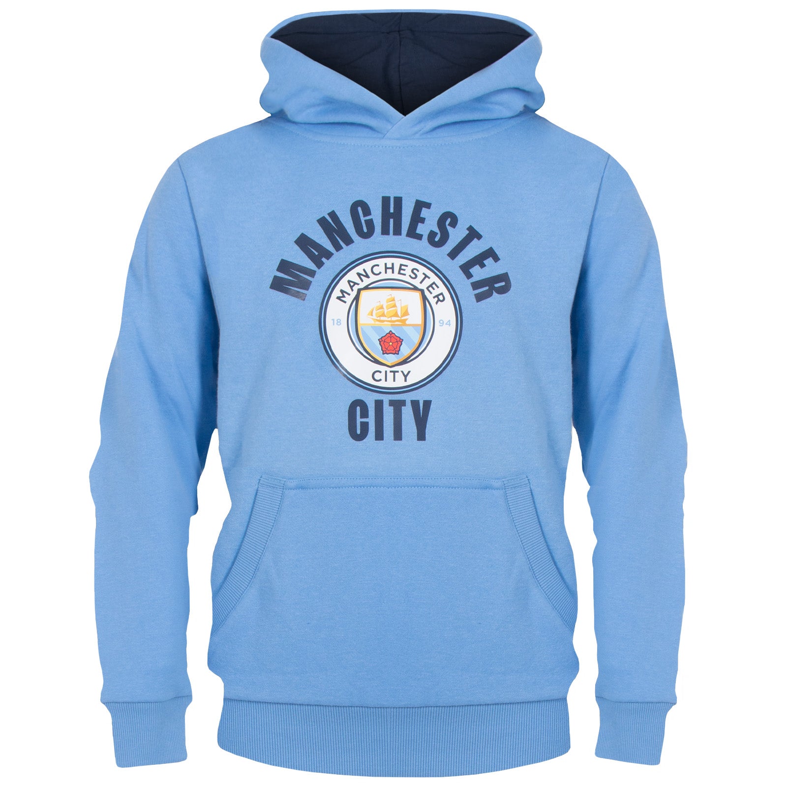 Man City kids graphic hoodie in sky with MCFC club crest to the centre of the body.