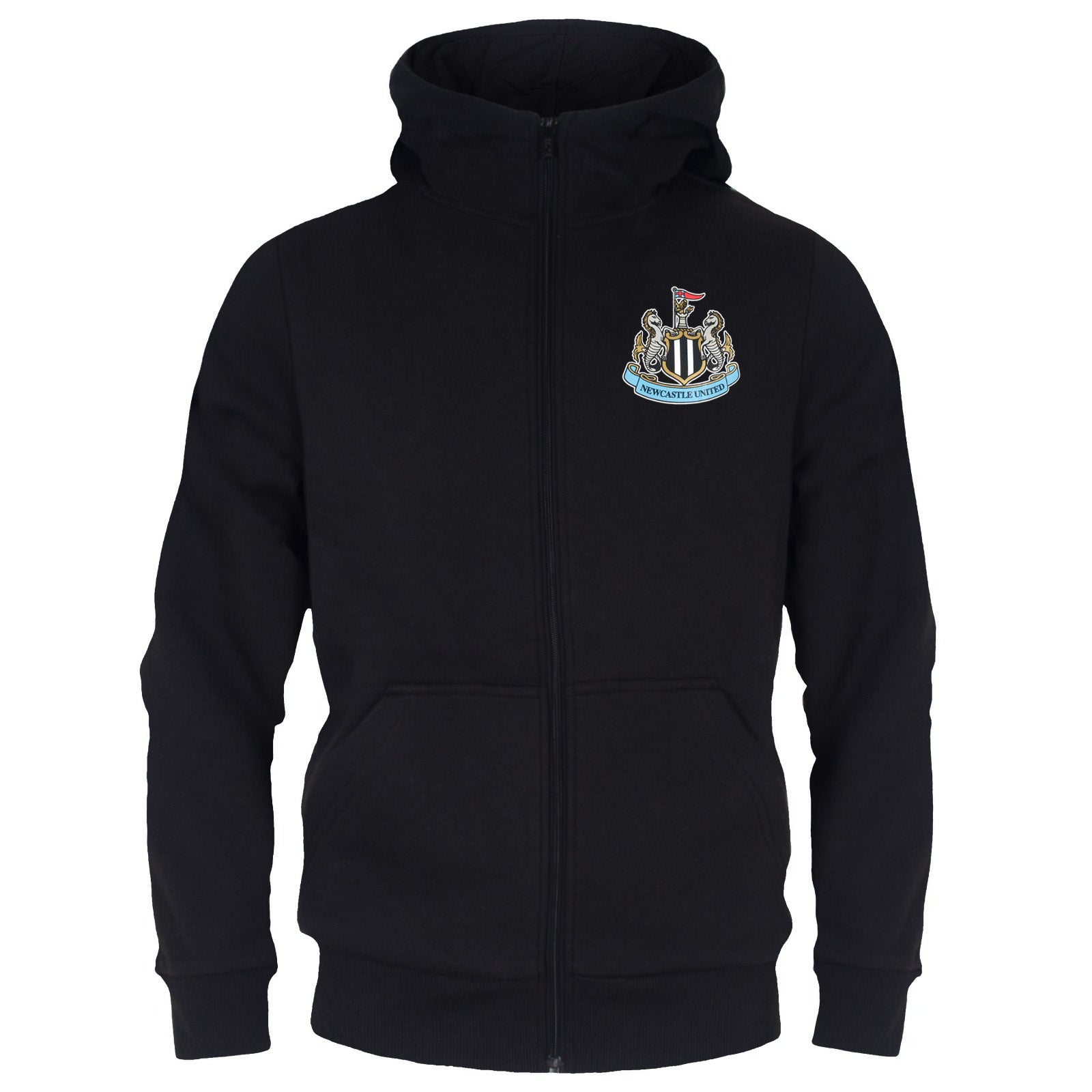 Newcastle United kids zip hoodie in black with club crest on the left chest.