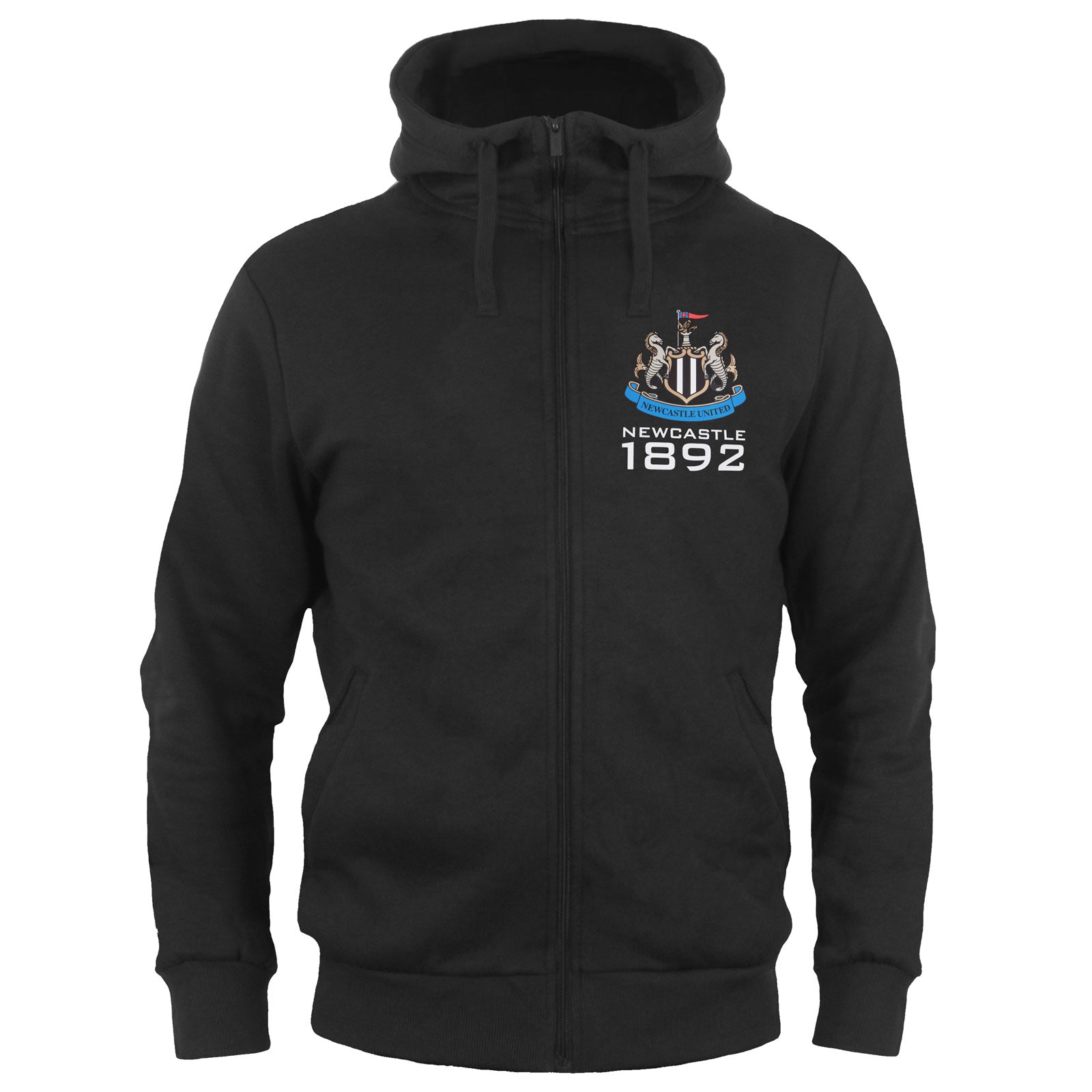 Newcastle United kids zip hoodie in black with club crest on the left chest.