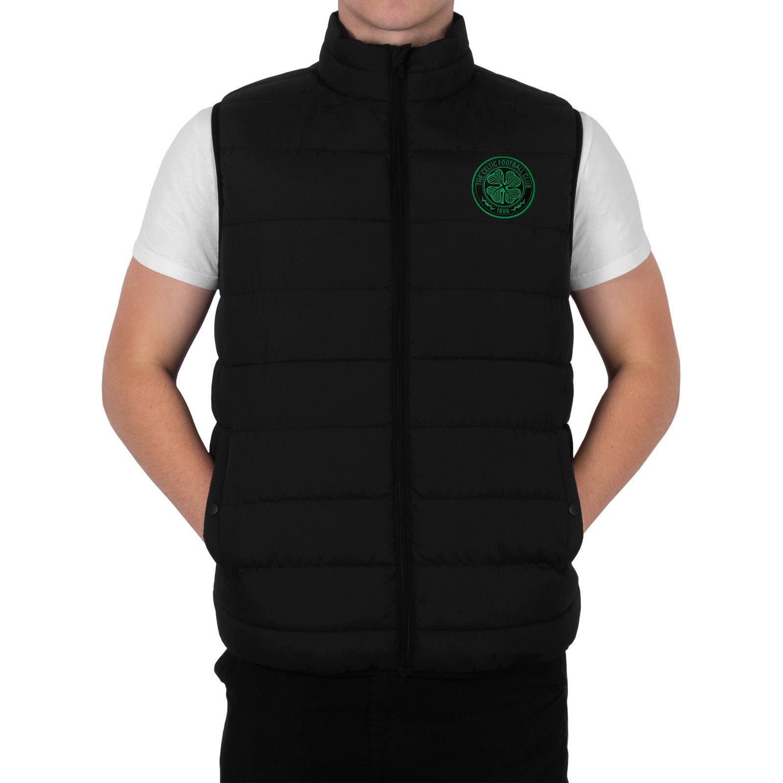 Celtic adults padded gilet in black with full colour club crest to chest.