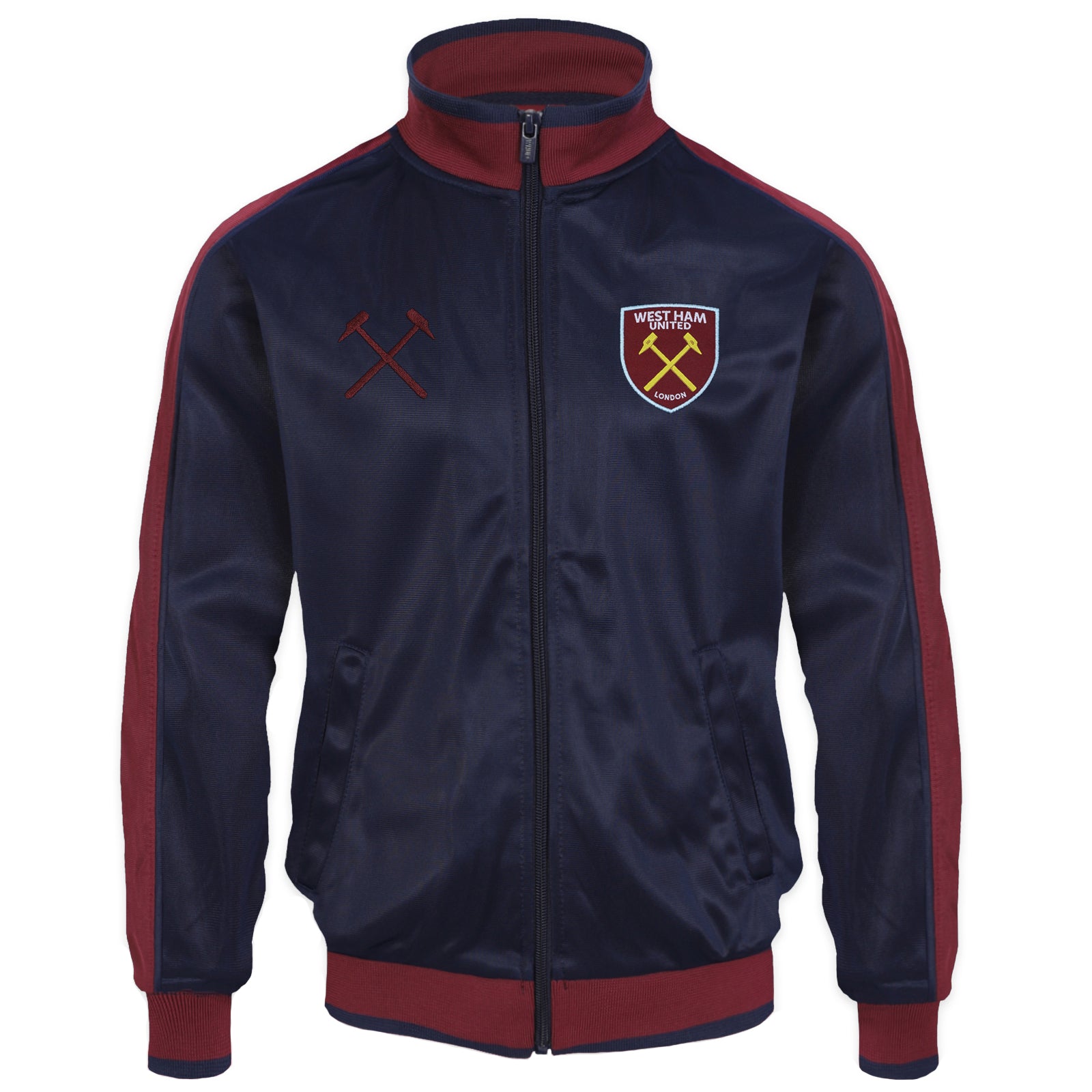 West Ham adults retro track jacket in navy blue with club crest to chest.