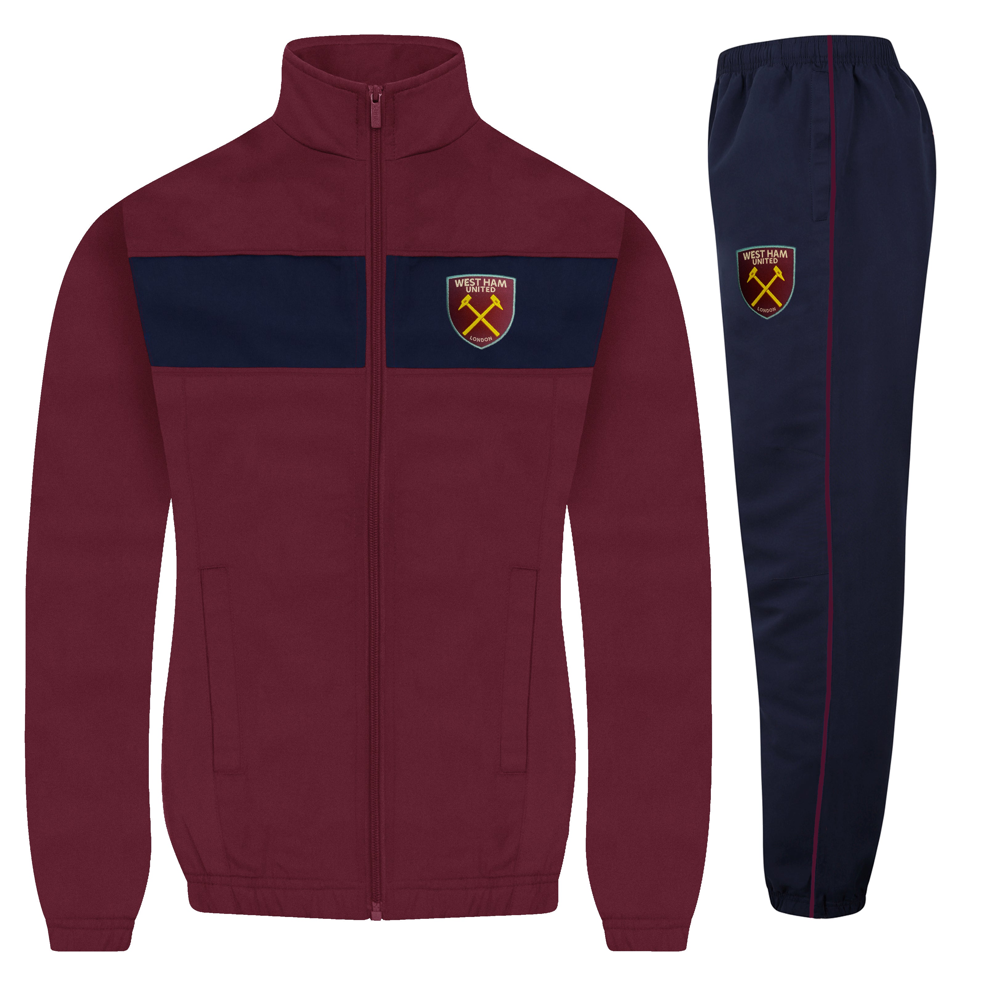 West Ham kids tracksuit in navy blue & claret with club crest to chest and left thigh