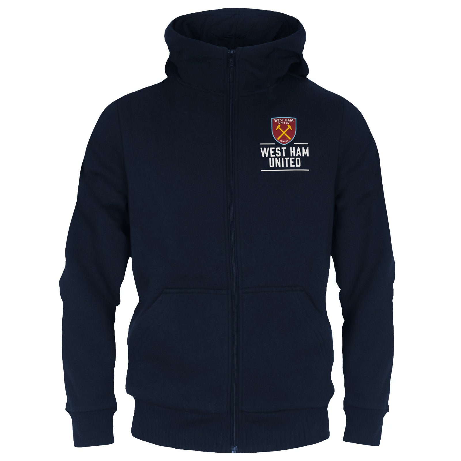 West Ham kids zip through hoodie in navy with club crest & text print to front.