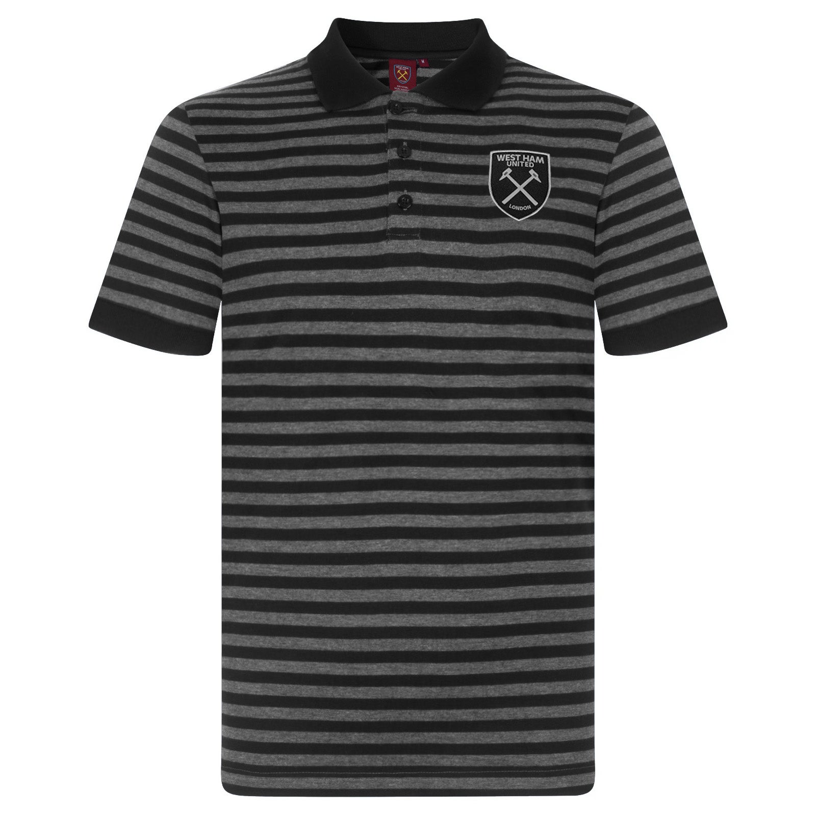 West Ham adults striped polo shirt in black & grey with club crest to chest.