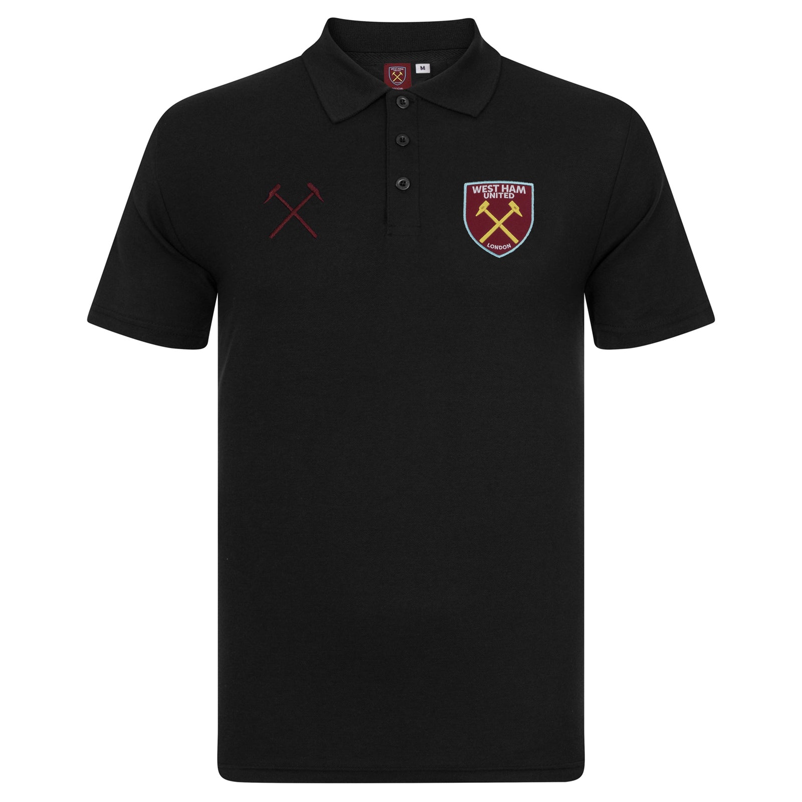 West Ham adults polo shirt in black with WHUFC badge and text to chest.